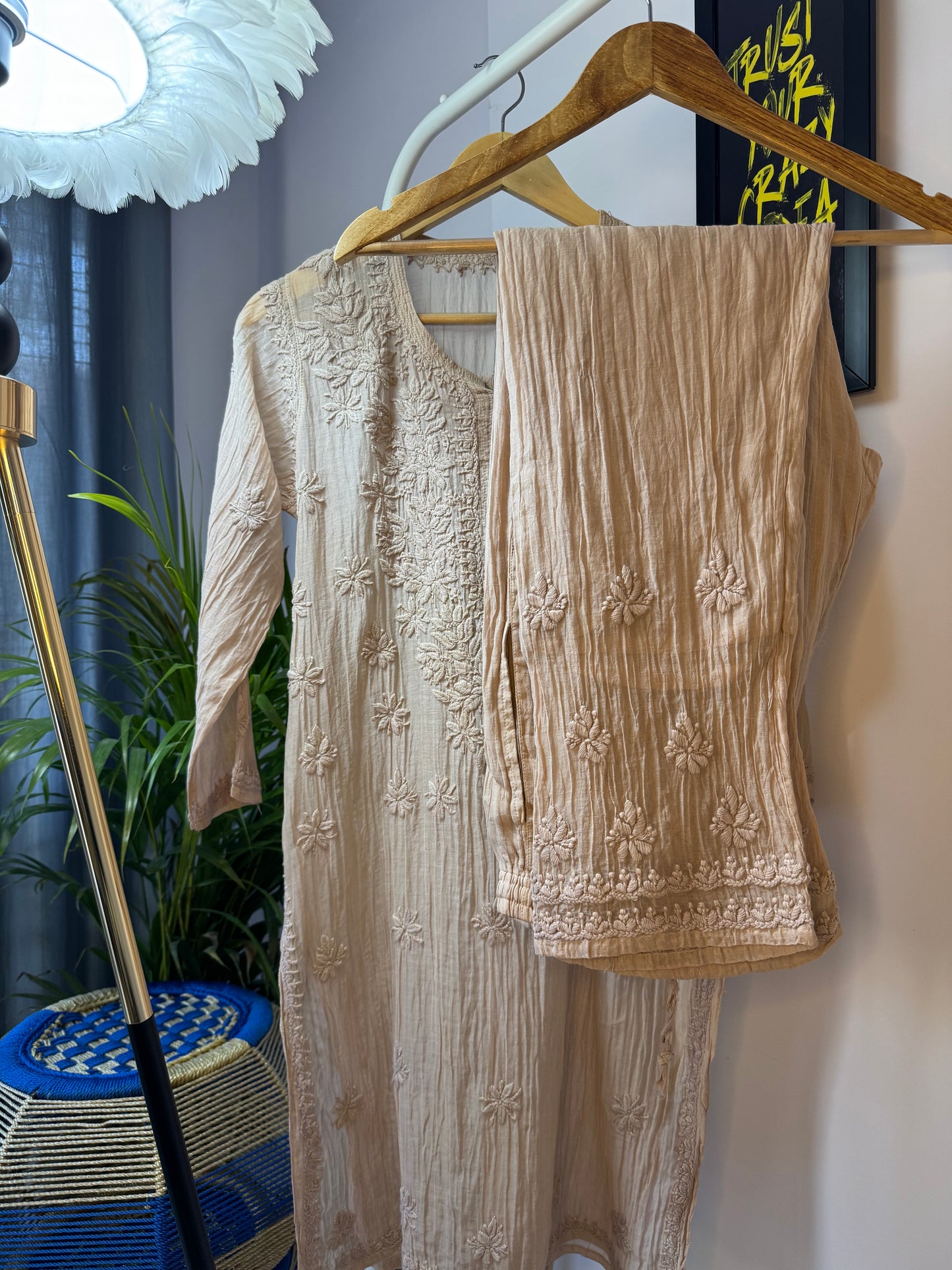 MUL CHANDERI CHIKANKARI CO-ORD SET- BEIGE