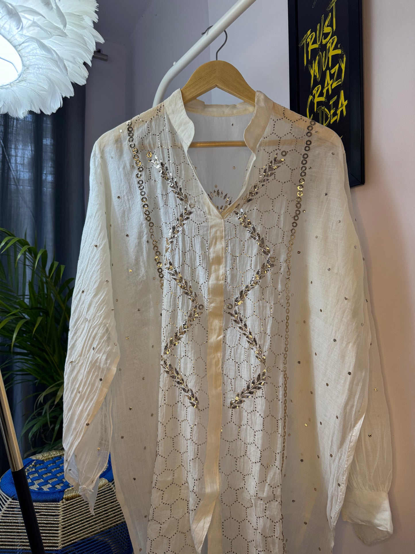NURA CHIKANKARI MUL CHANDERI MUKAISH CO-ORD SET- WHITE