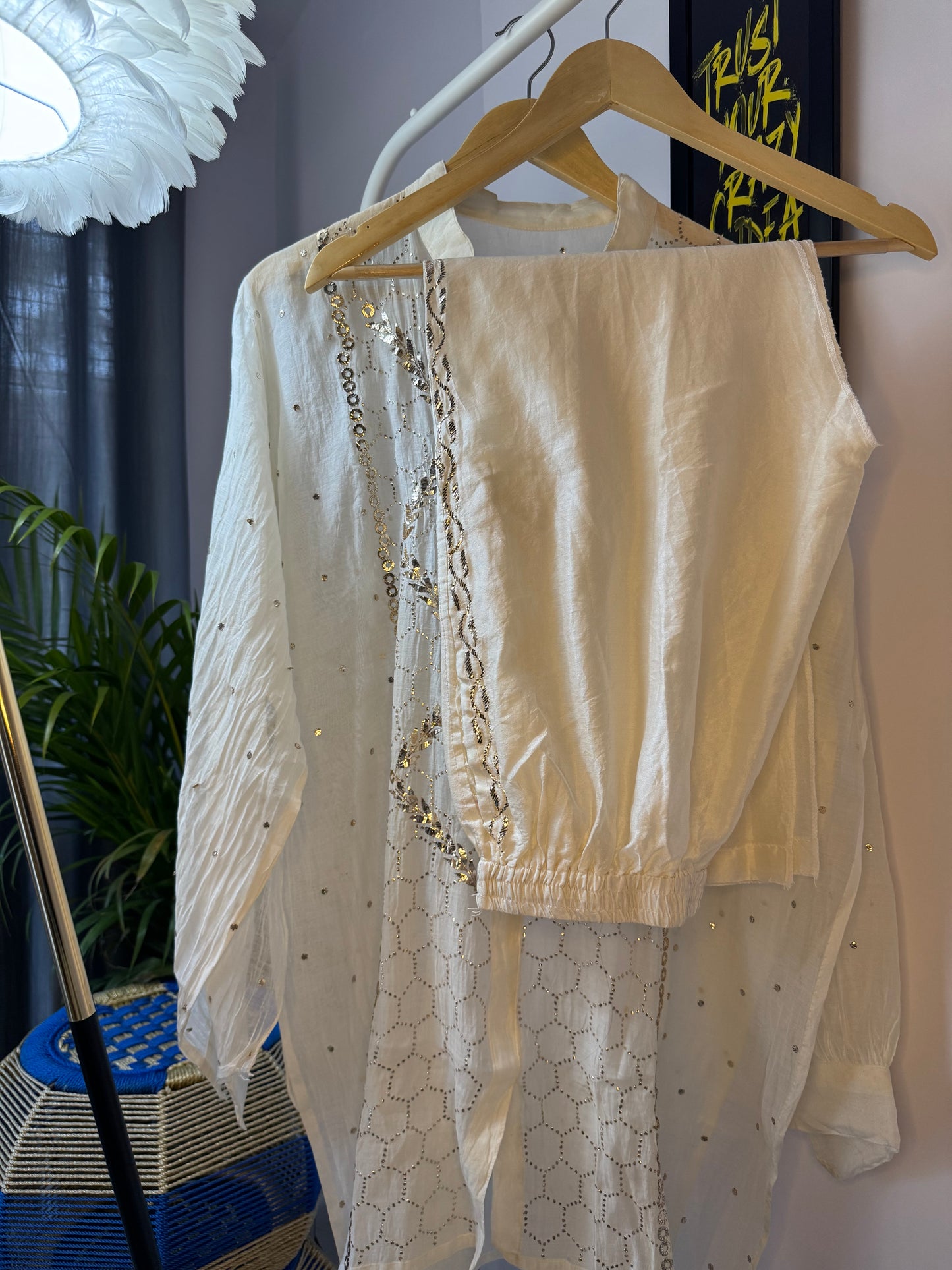 NURA CHIKANKARI MUL CHANDERI MUKAISH CO-ORD SET- WHITE