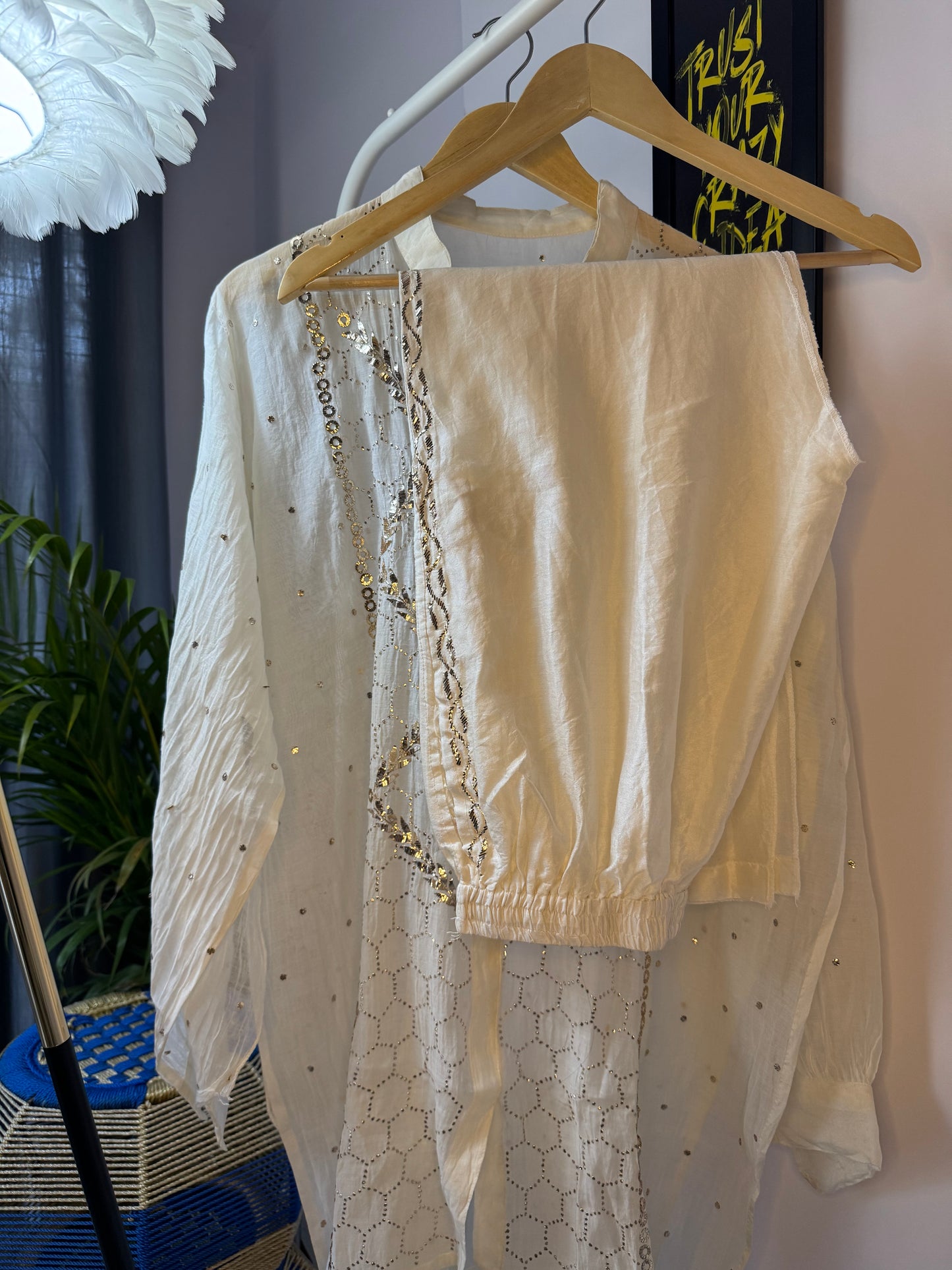 NURA CHIKANKARI MUL CHANDERI MUKAISH CO-ORD SET- WHITE