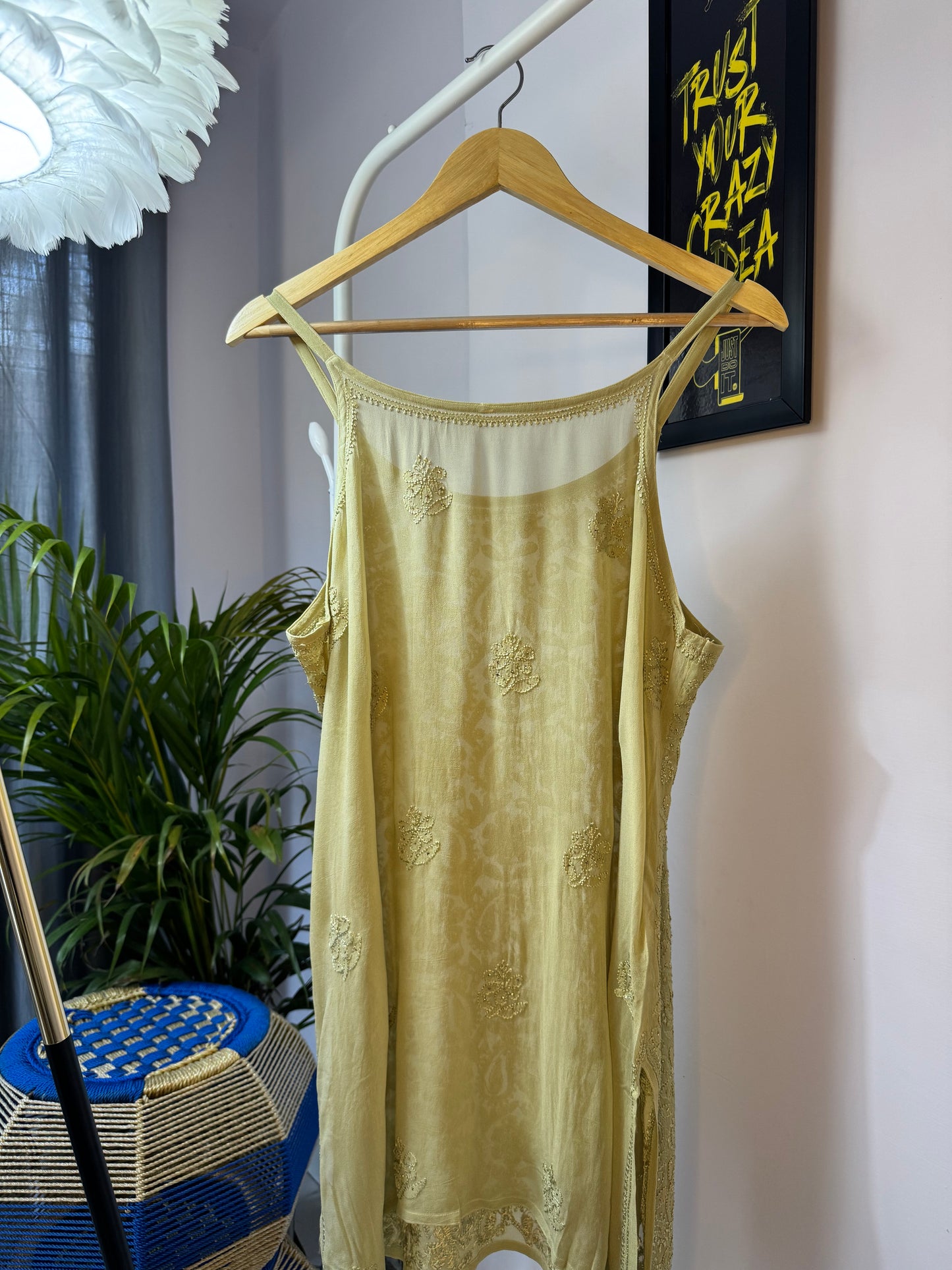 VISCOSE GEORGETTE MUKAISH CHIKANKARI NOODLE STRAP TOP- LIGHT GREEN