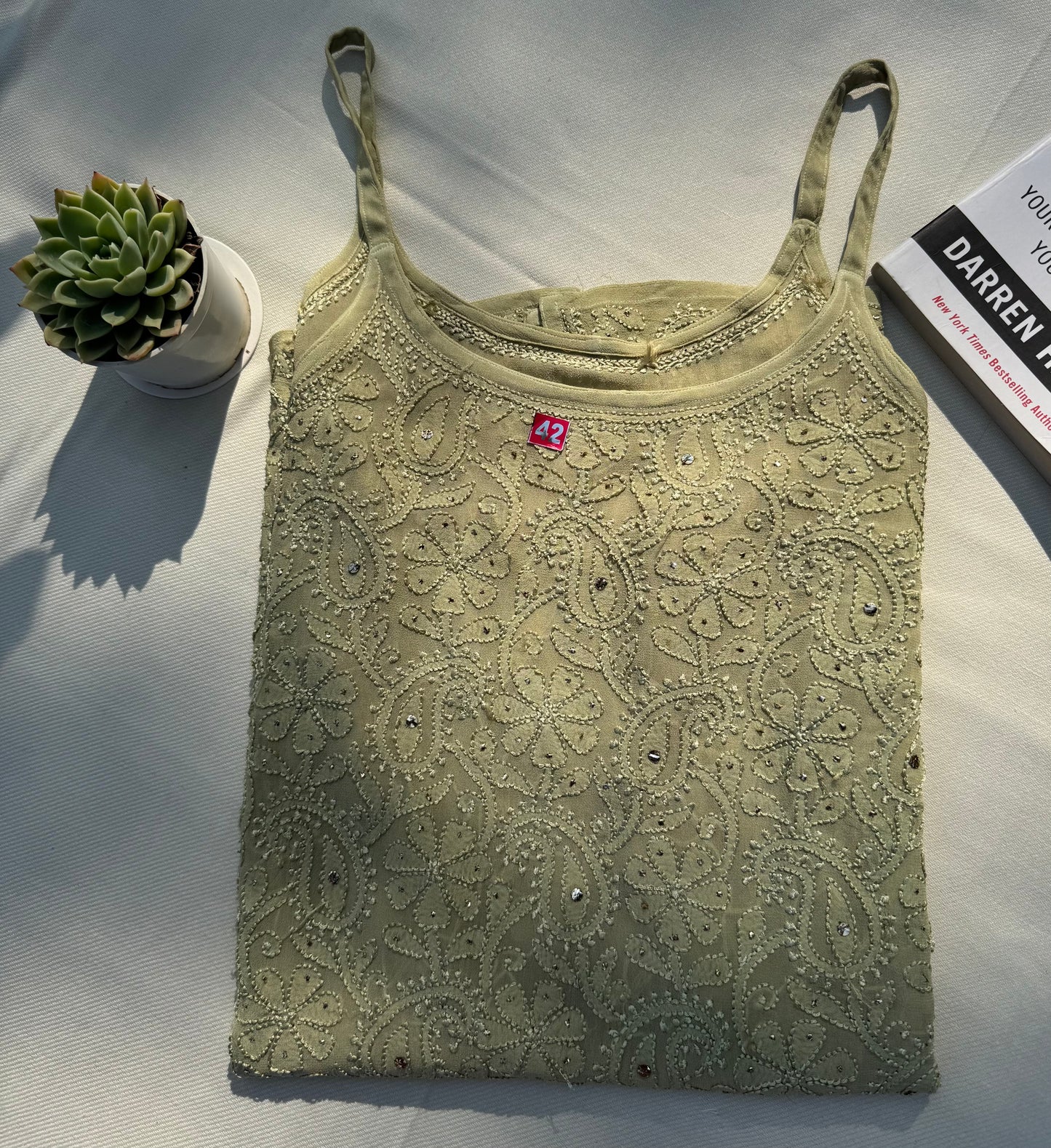 VISCOSE GEORGETTE MUKAISH CHIKANKARI NOODLE STRAP TOP- LIGHT GREEN