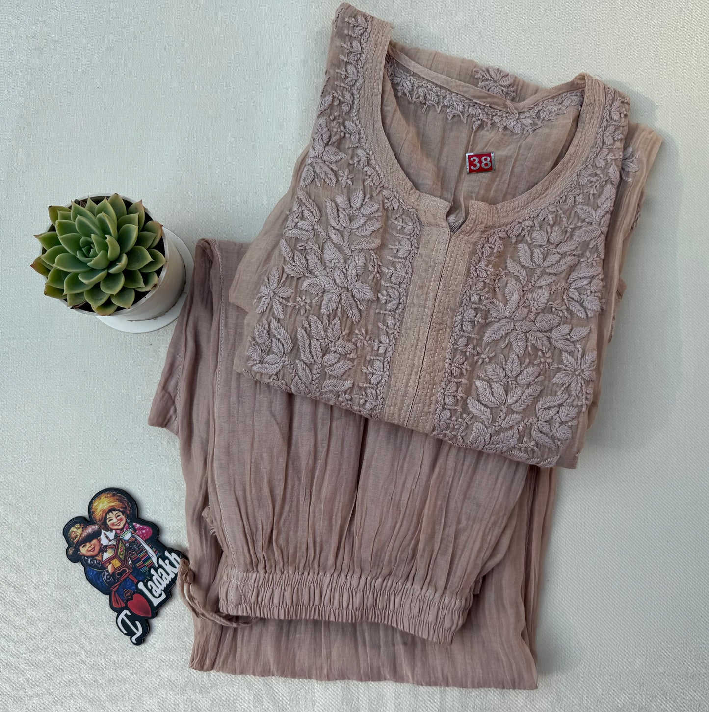 MUL CHANDERI CHIKANKARI CO-ORD SET- BEIGE