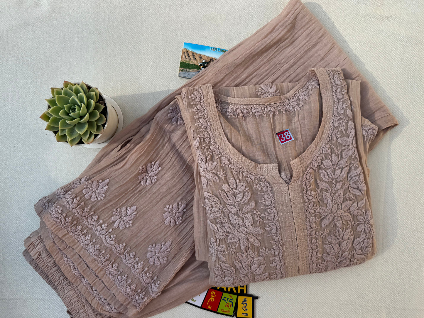 MUL CHANDERI CHIKANKARI CO-ORD SET- BEIGE