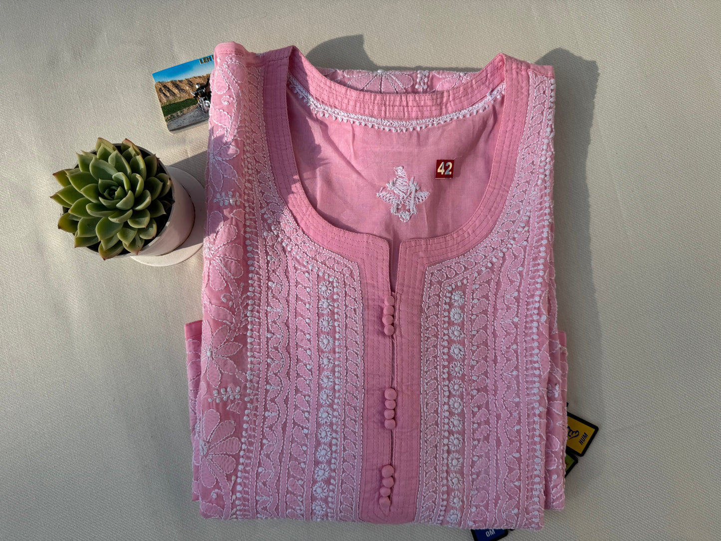 COTTON CHIKANKARI KURTA- PINK