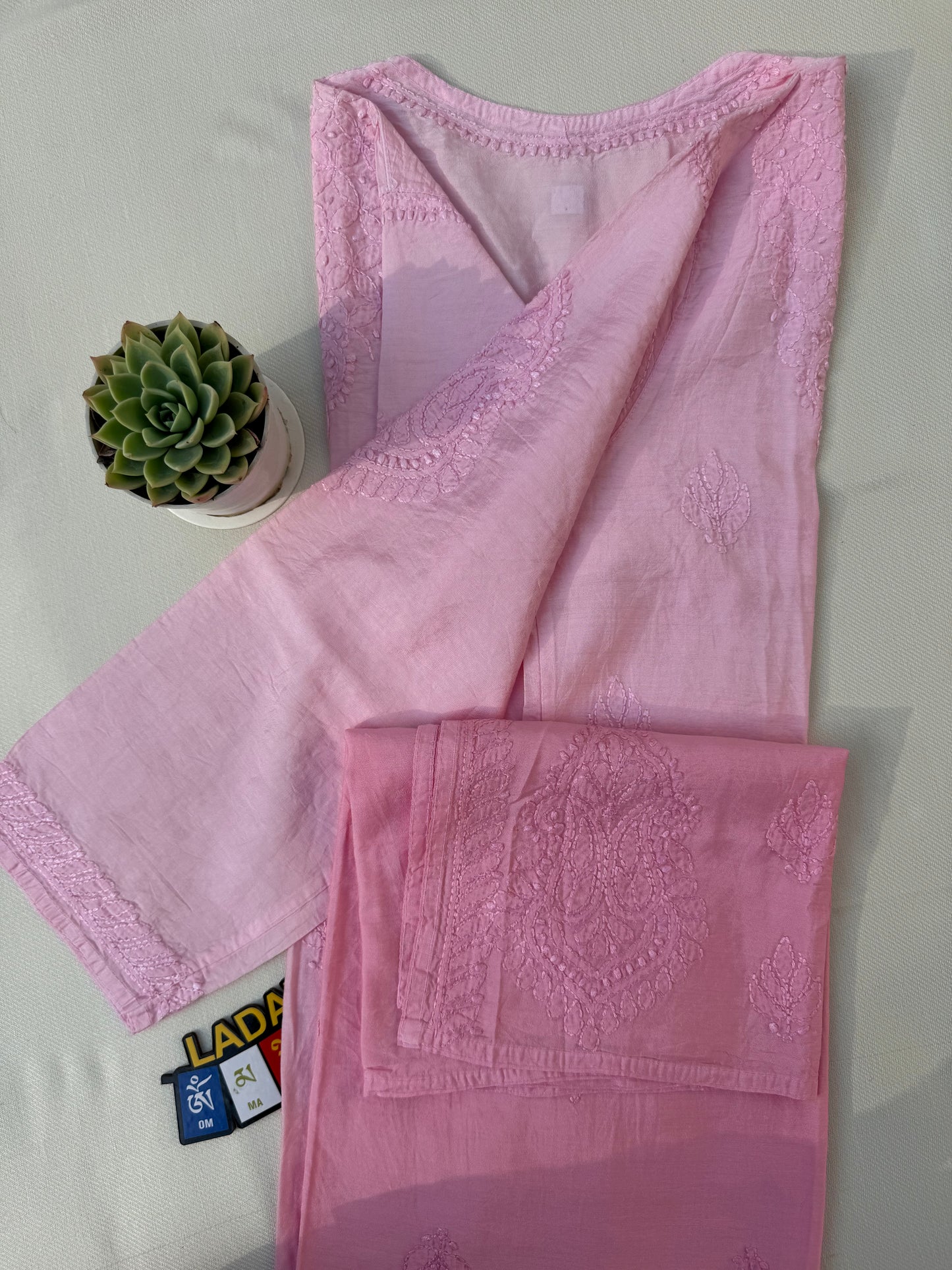 CHANDERI COTTON CHIKANKARI KURTA- PINK OMBRE