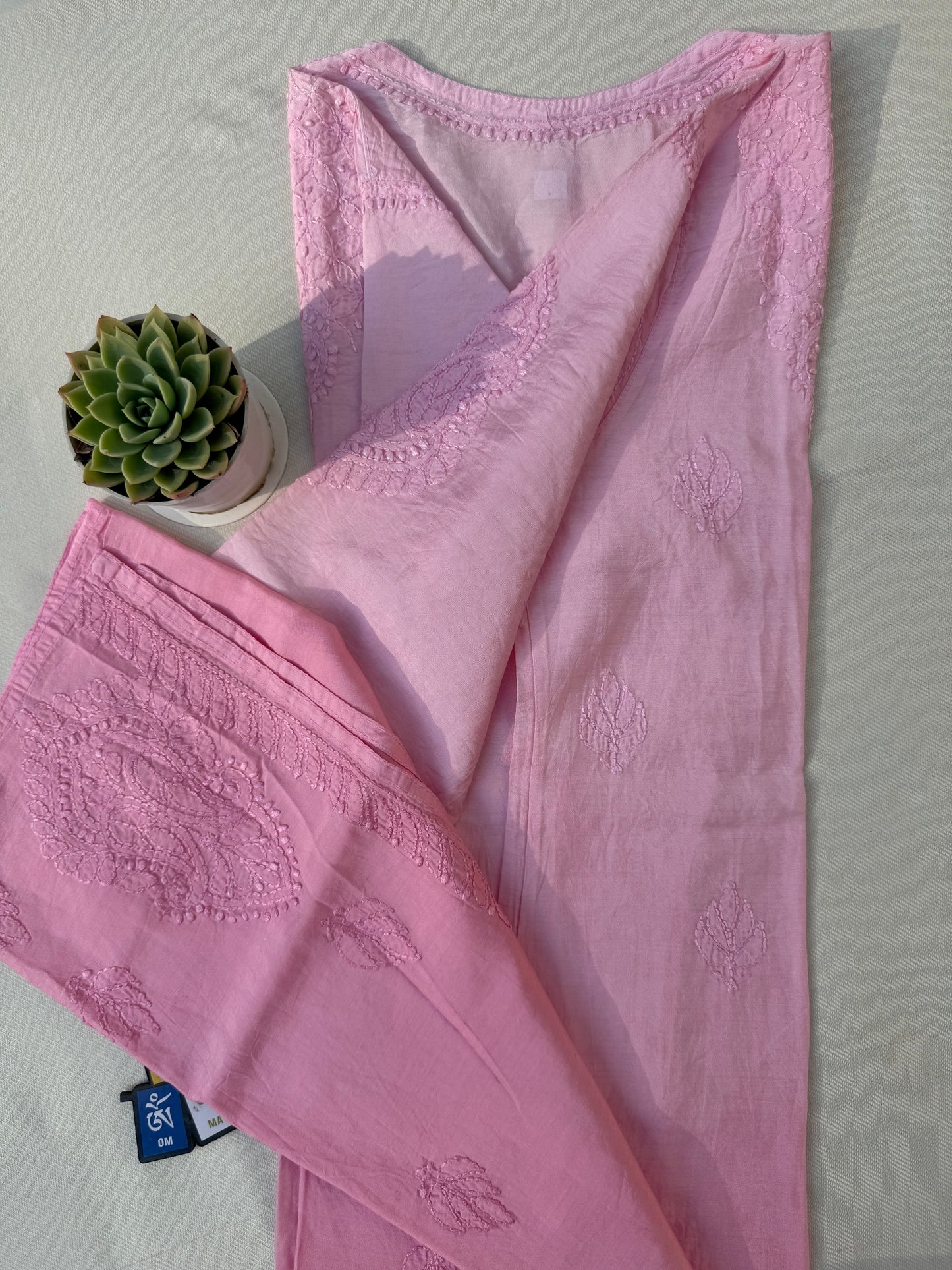 CHANDERI COTTON CHIKANKARI KURTA- PINK OMBRE