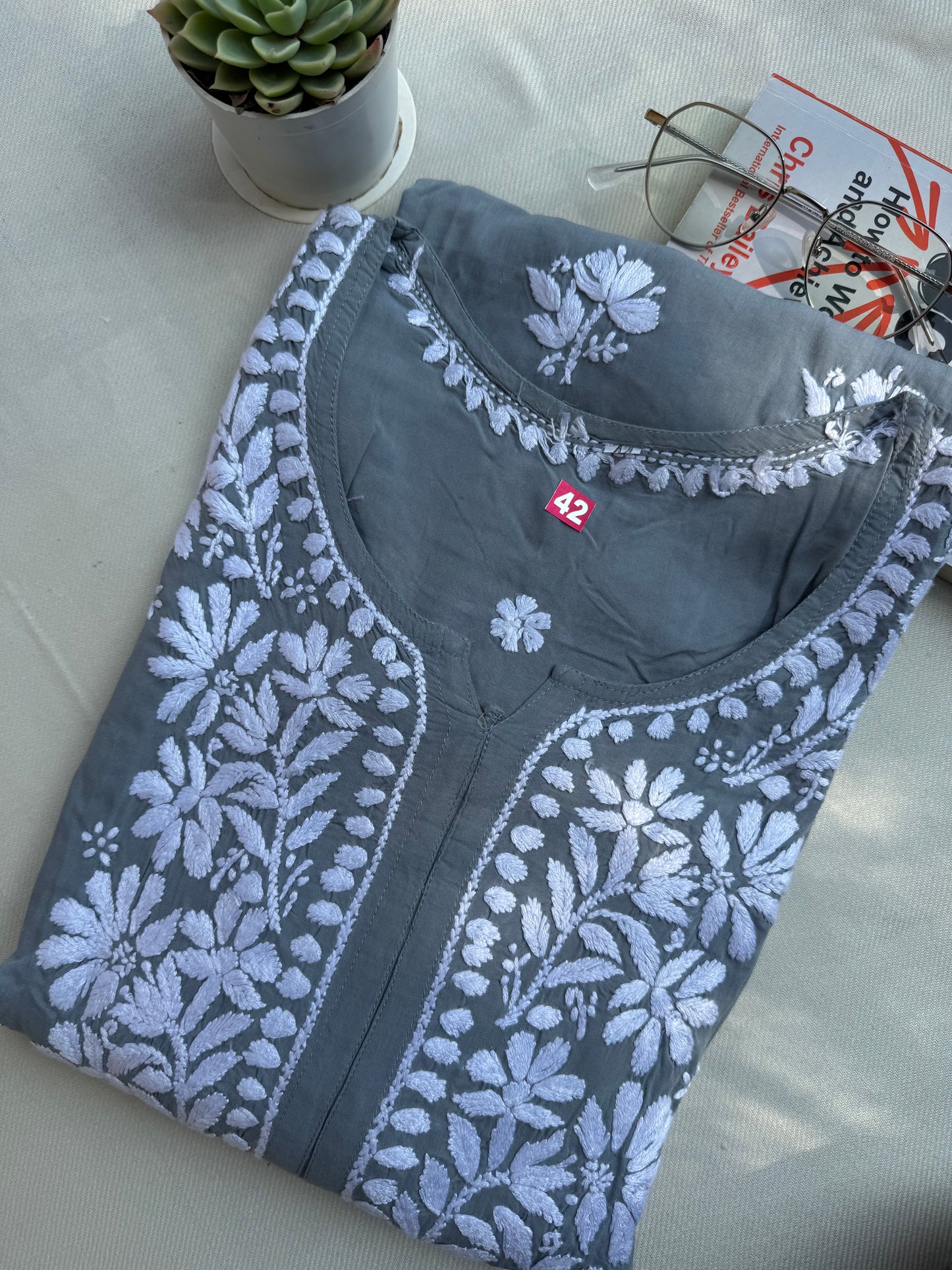 MODAL CHIKANKARI KURTA- GREY