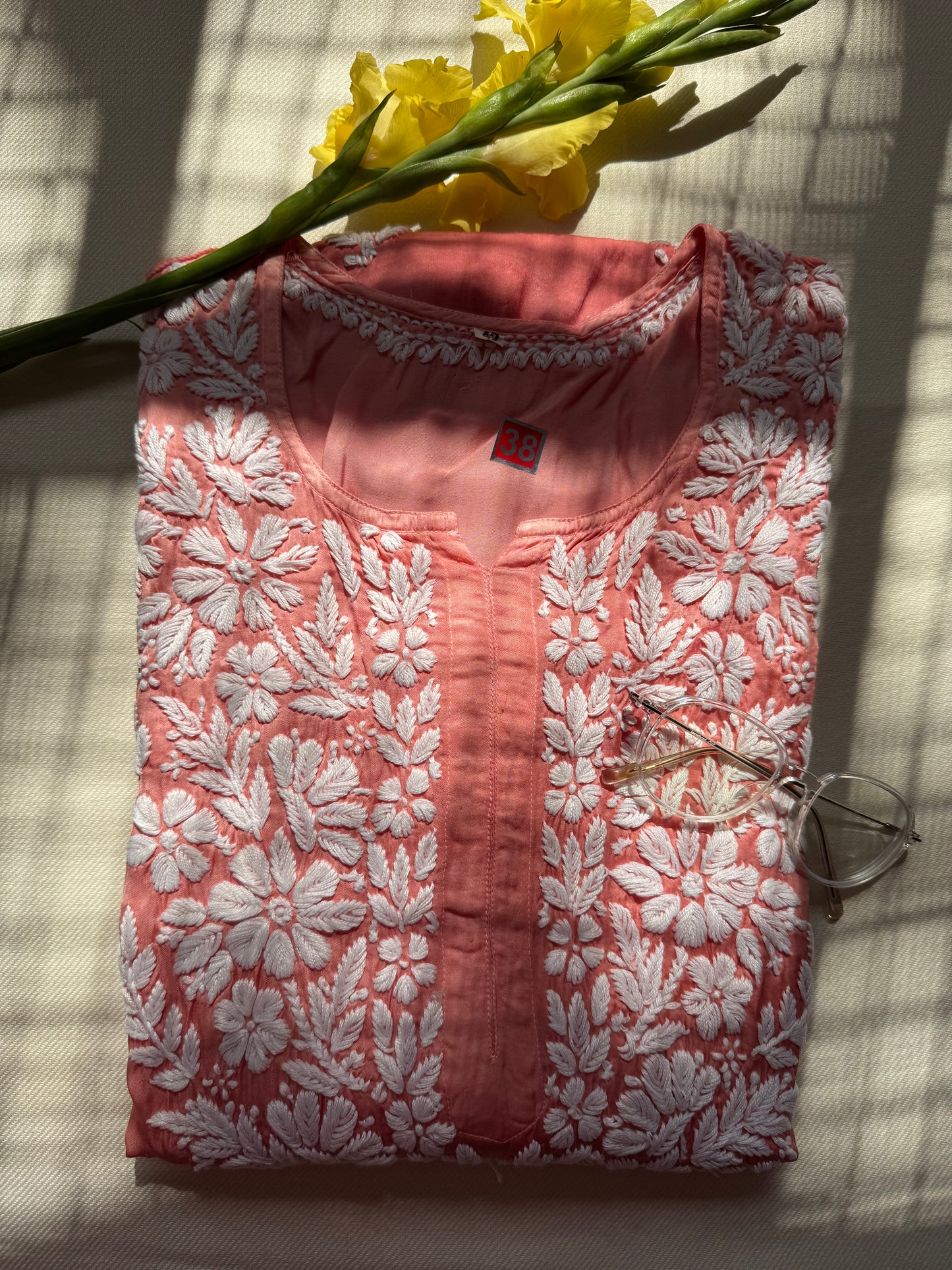 MODAL SATIN CHIKANKARI KURTA- ORANGE