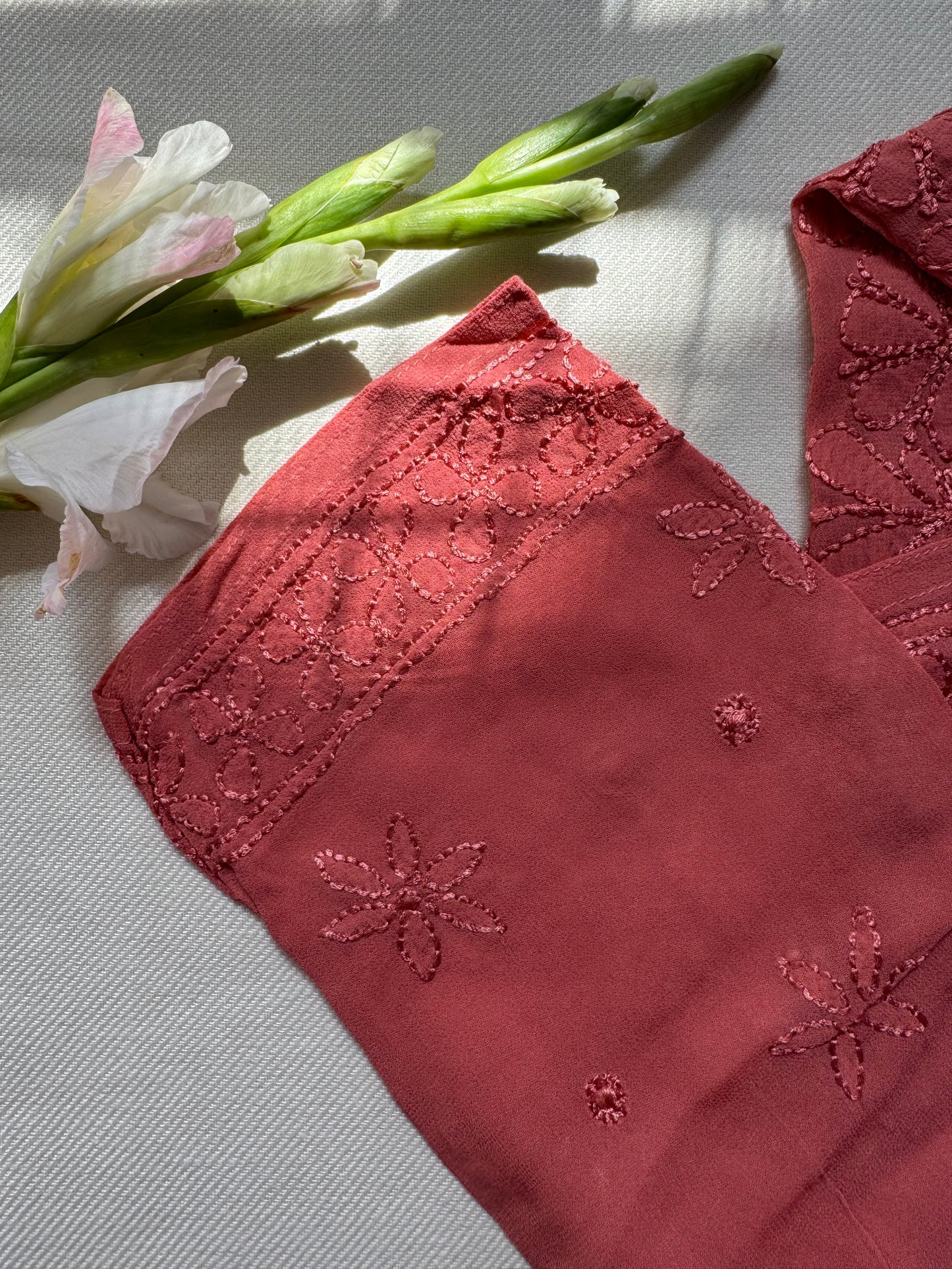 VISCOSE CHIKANKARI GEORGETTE KURTA- TERACOTTA
