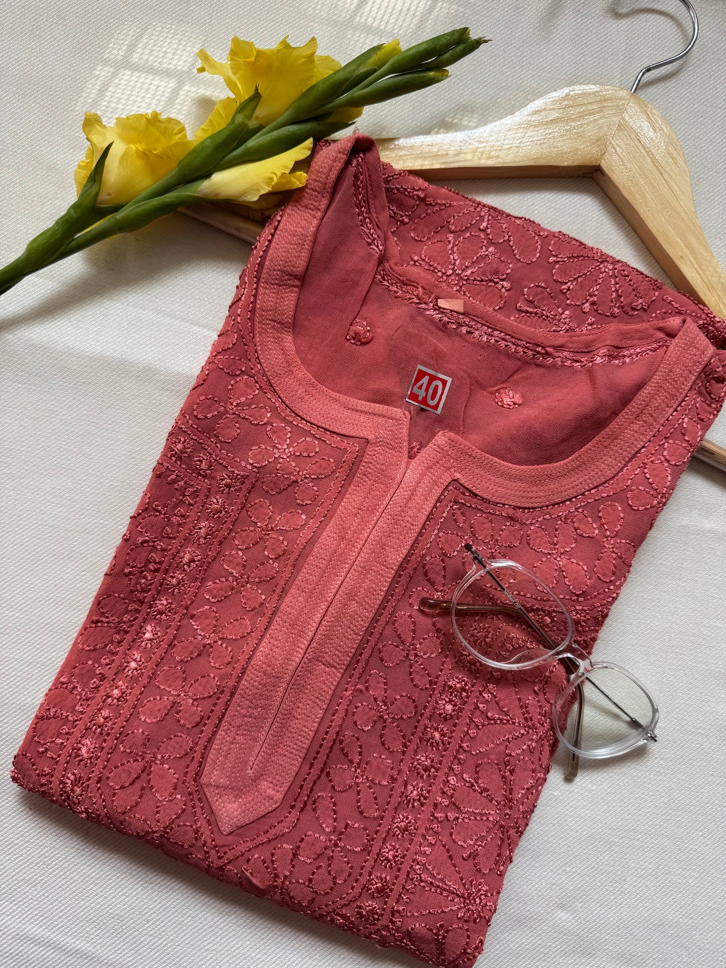 VISCOSE CHIKANKARI GEORGETTE KURTA- TERACOTTA