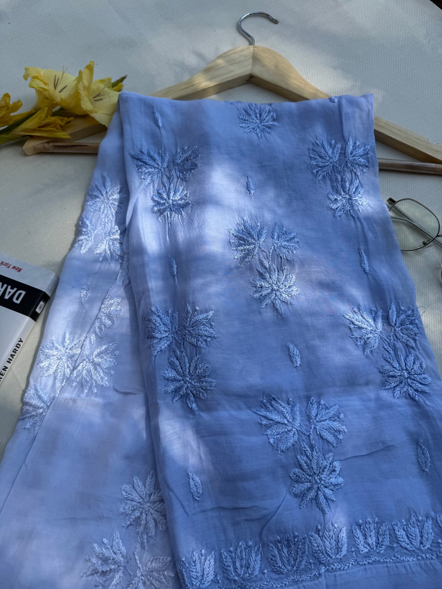 MUSLIN CHIKANKARI KURTA - LIGHT BLUE OMBRE