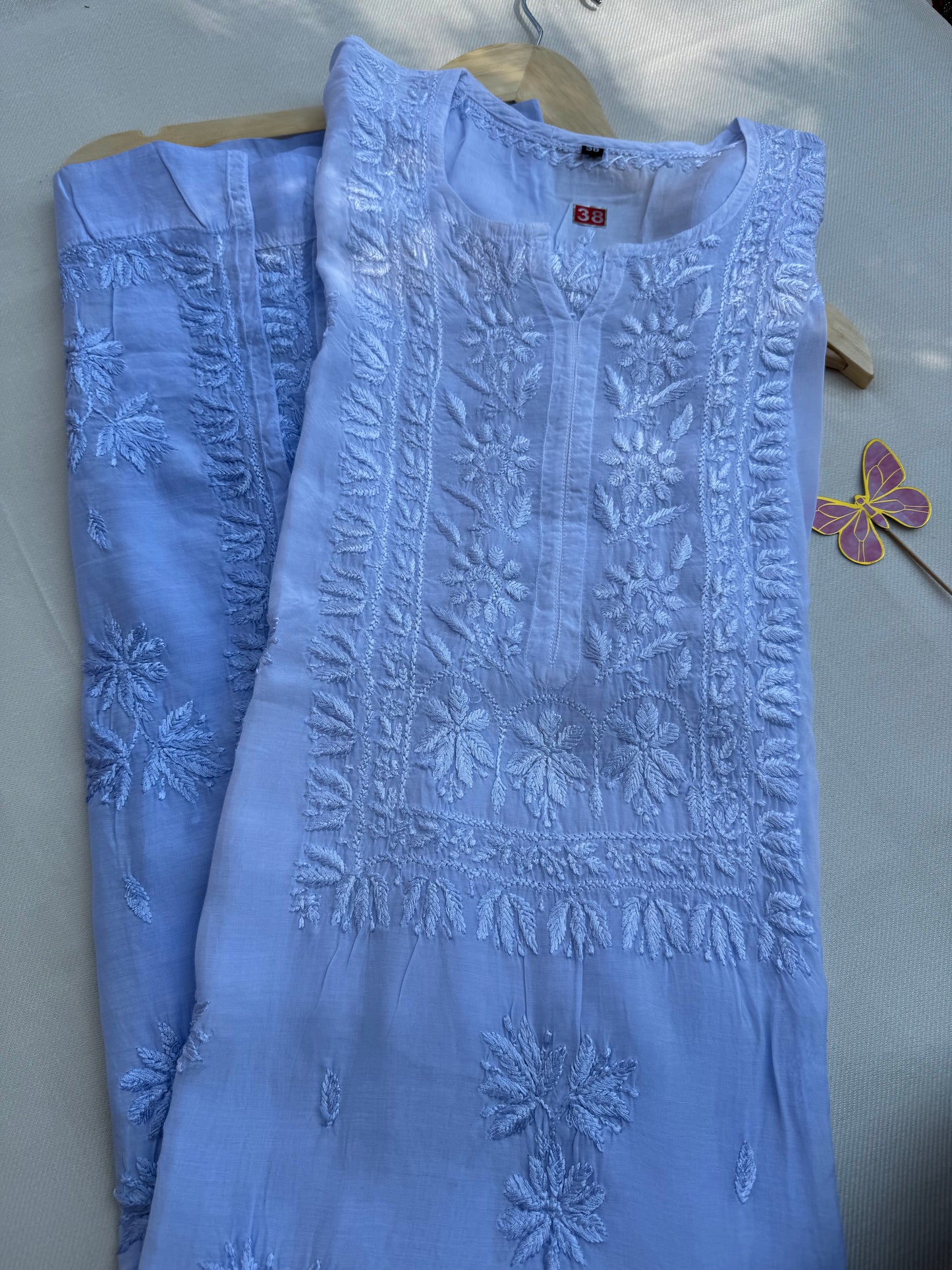MUSLIN CHIKANKARI KURTA - LIGHT BLUE OMBRE