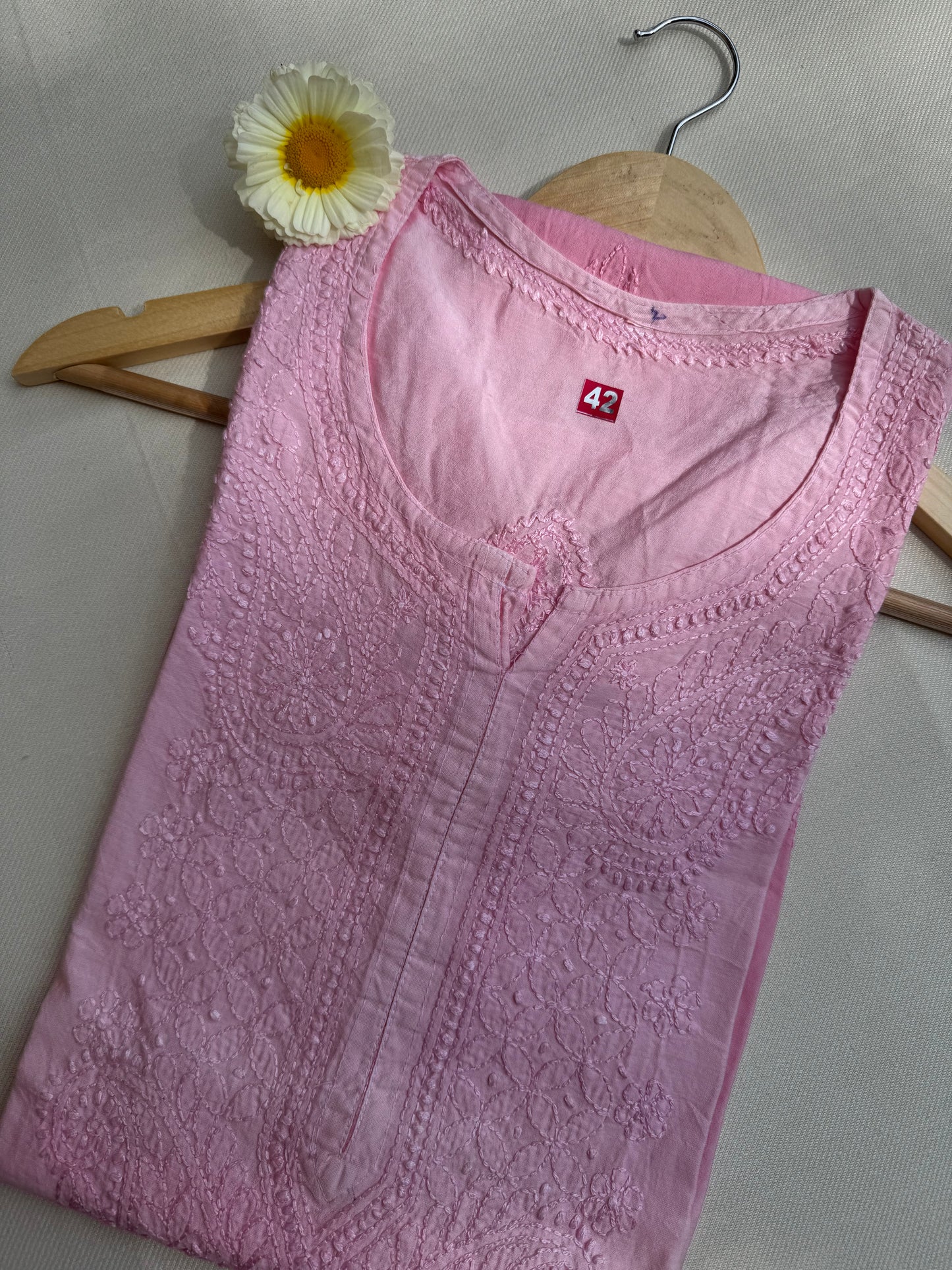 CHANDERI COTTON CHIKANKARI KURTA- PINK OMBRE