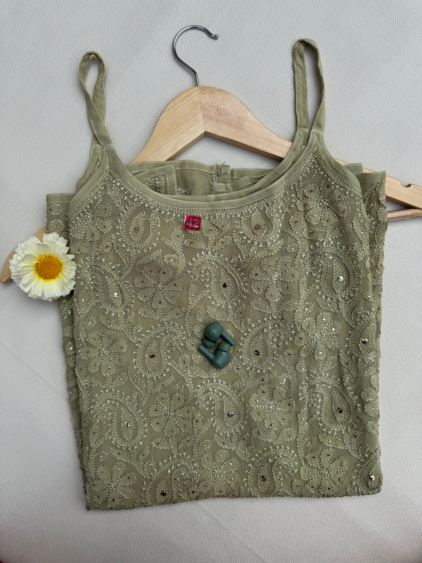 VISCOSE GEORGETTE MUKAISH CHIKANKARI NOODLE STRAP TOP- LIGHT GREEN