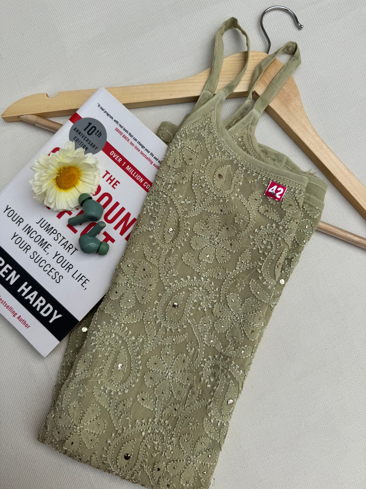 VISCOSE GEORGETTE MUKAISH CHIKANKARI NOODLE STRAP TOP- LIGHT GREEN