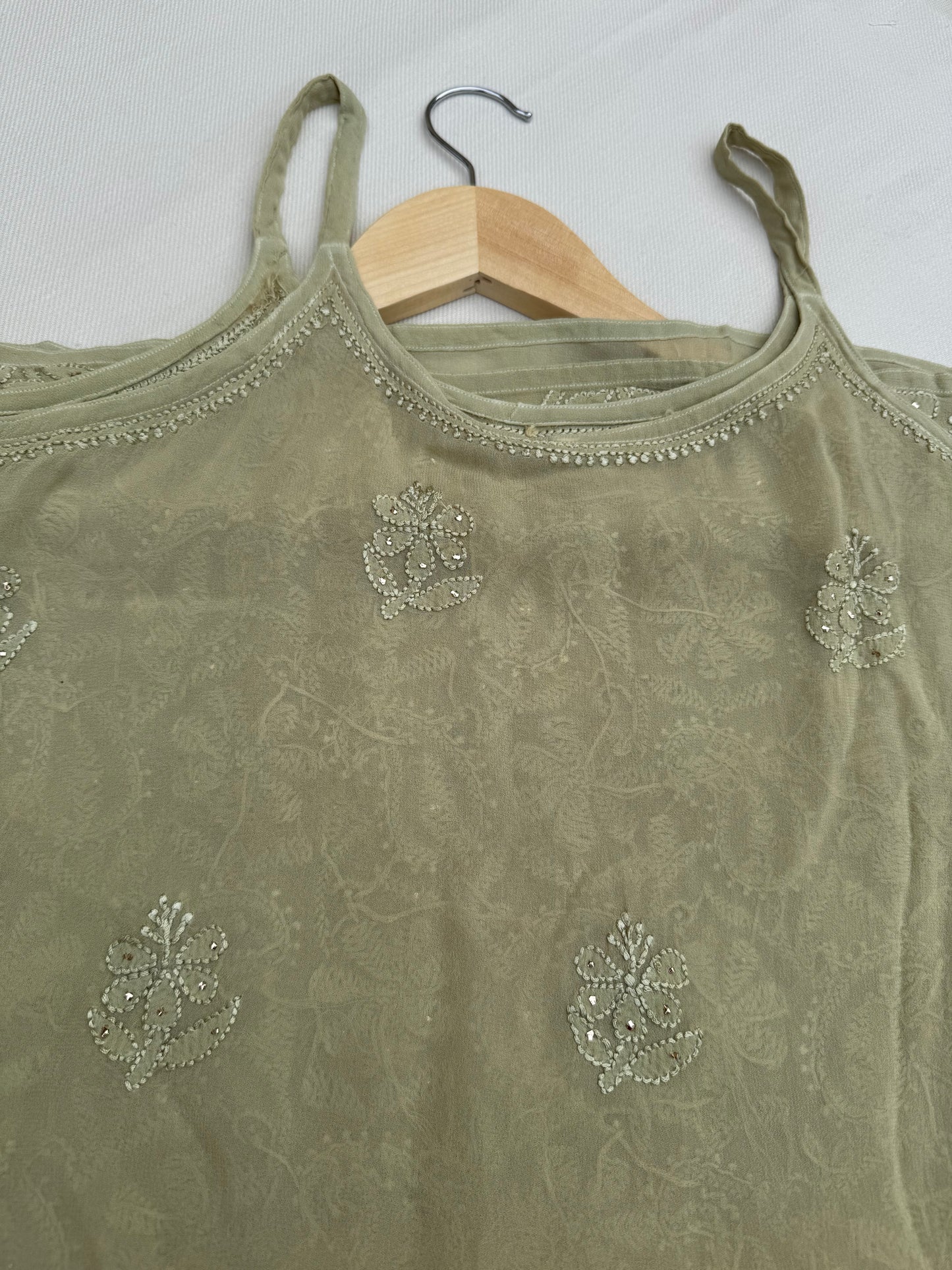 VISCOSE GEORGETTE MUKAISH CHIKANKARI NOODLE STRAP TOP- LIGHT GREEN