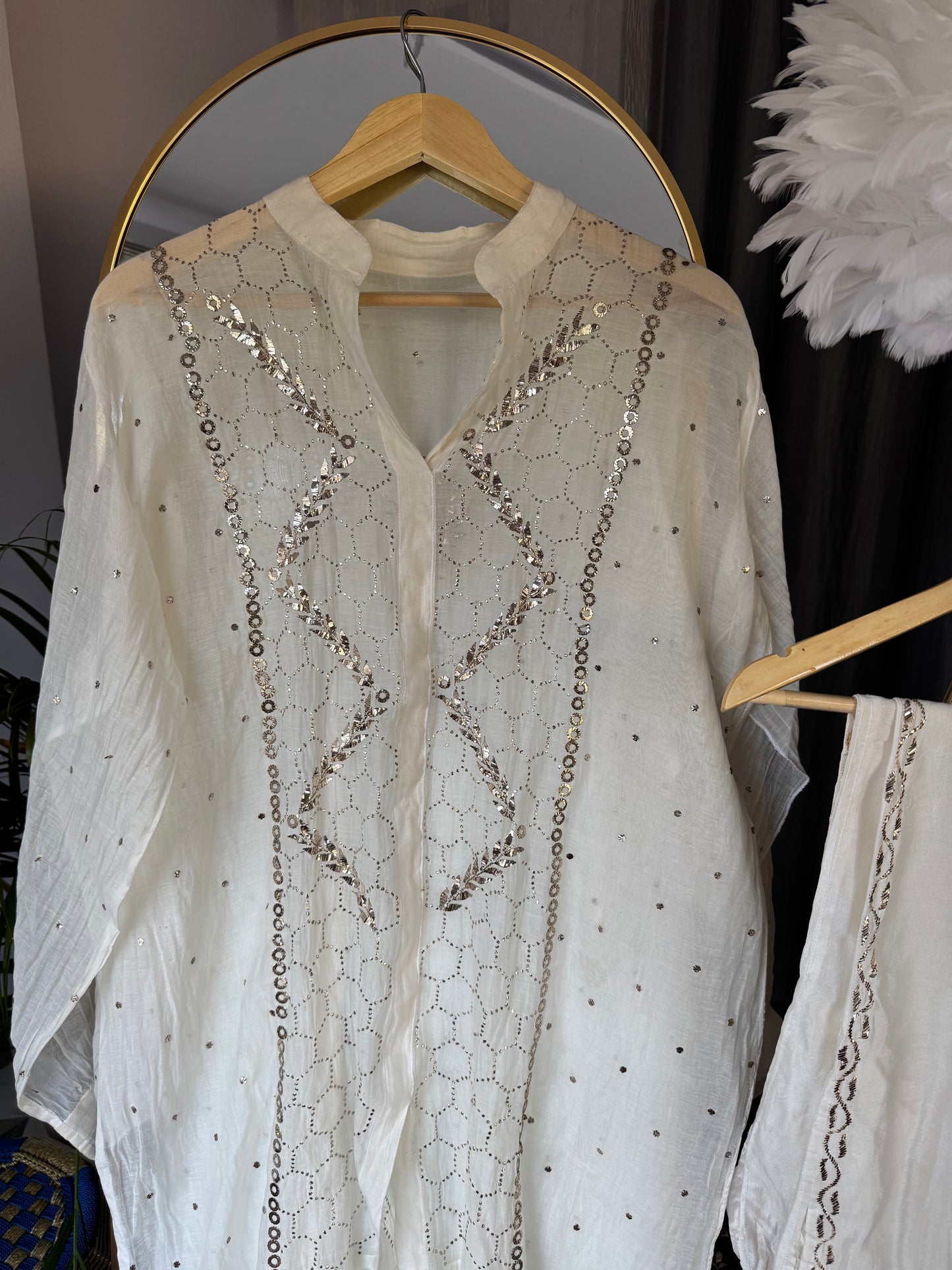 NURA CHIKANKARI MUL CHANDERI MUKAISH CO-ORD SET- WHITE