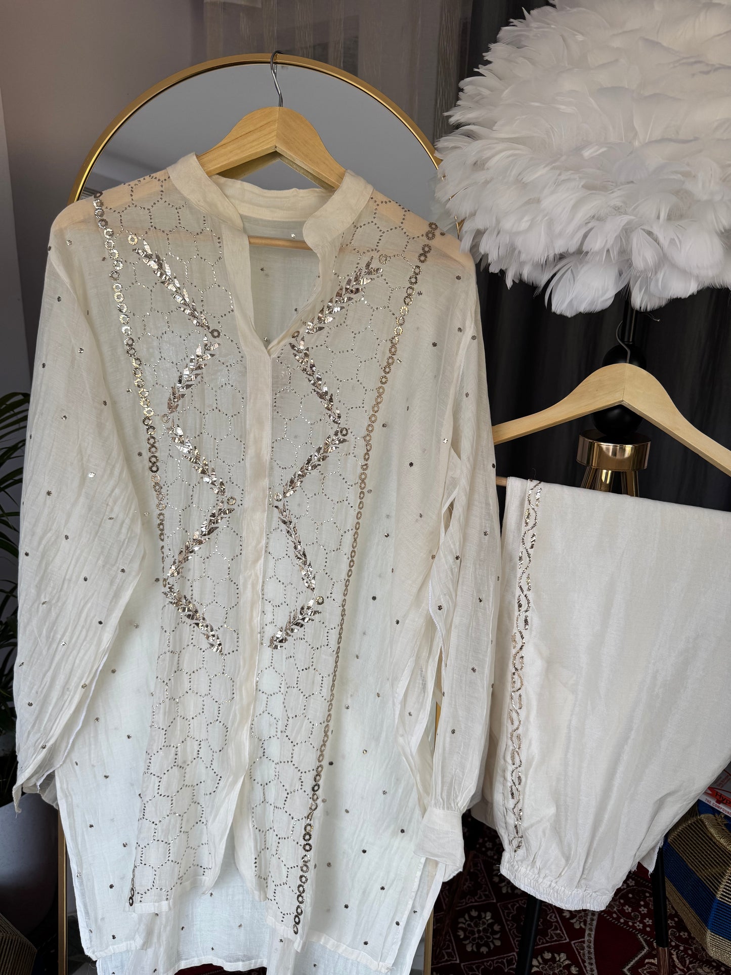 NURA CHIKANKARI MUL CHANDERI MUKAISH CO-ORD SET- WHITE