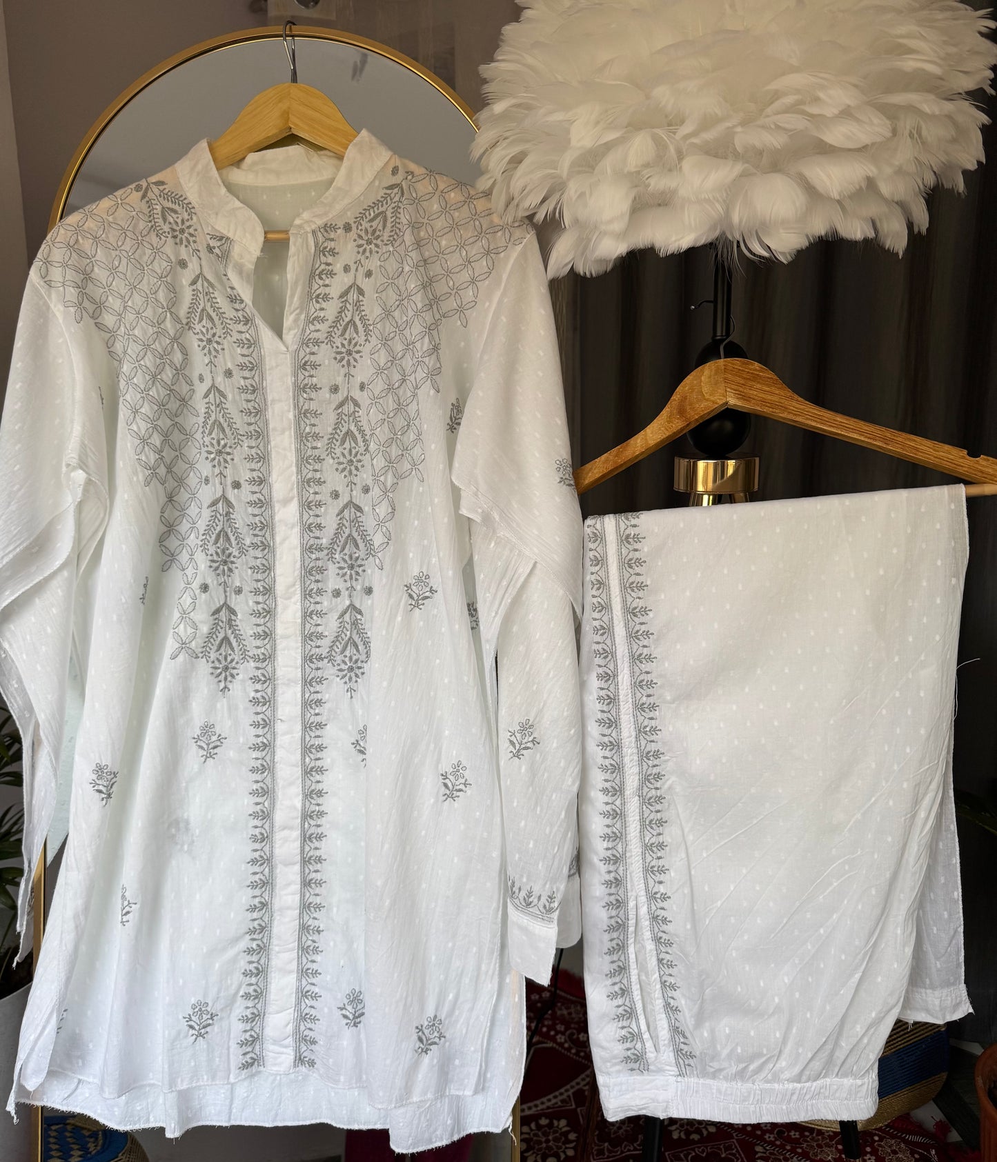 SAIRA CHIKANKARI DOBBY COTTON CO-ORD SET- WHITE