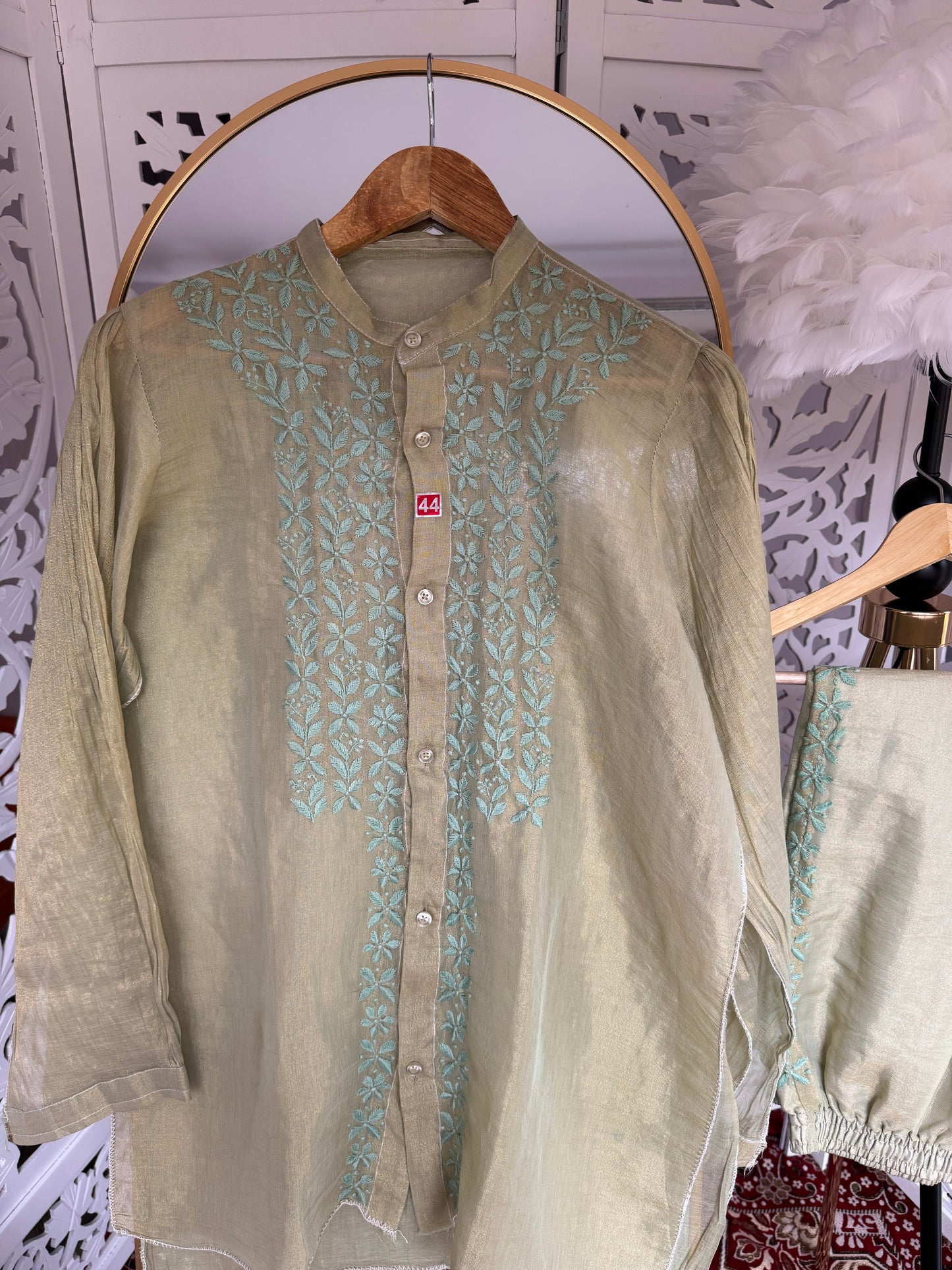 INARA CHIKANKARI TISSUE CO-ORD SET- GREEN