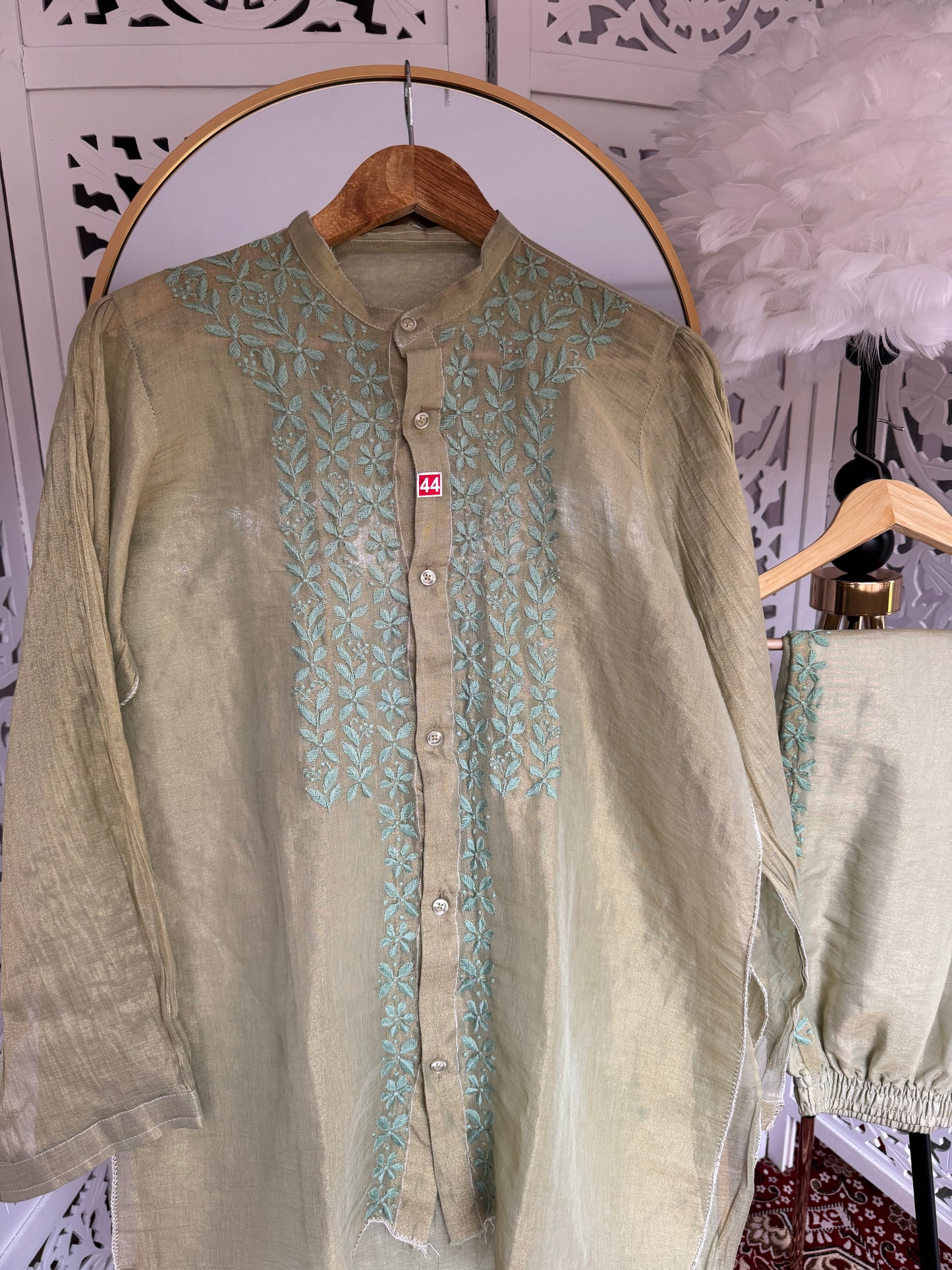 INARA CHIKANKARI TISSUE CO-ORD SET- GREEN