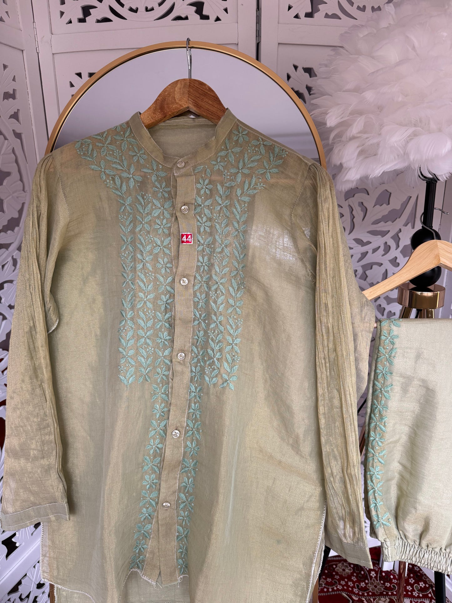 INARA CHIKANKARI TISSUE CO-ORD SET- GREEN
