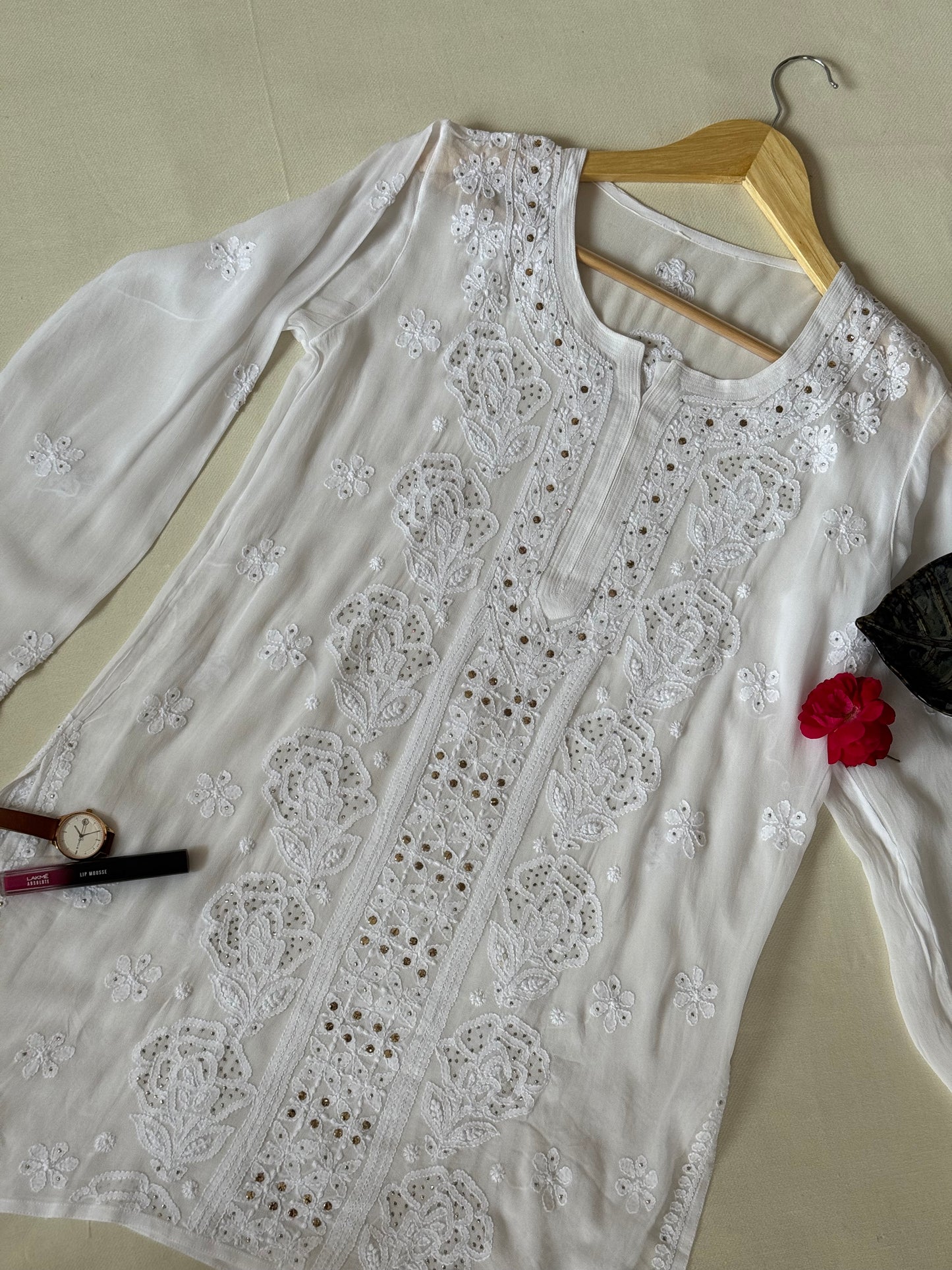 VISCOSE GEORGETTE CHIKANKARI MUKAISH SHORT KURTA- WHITE