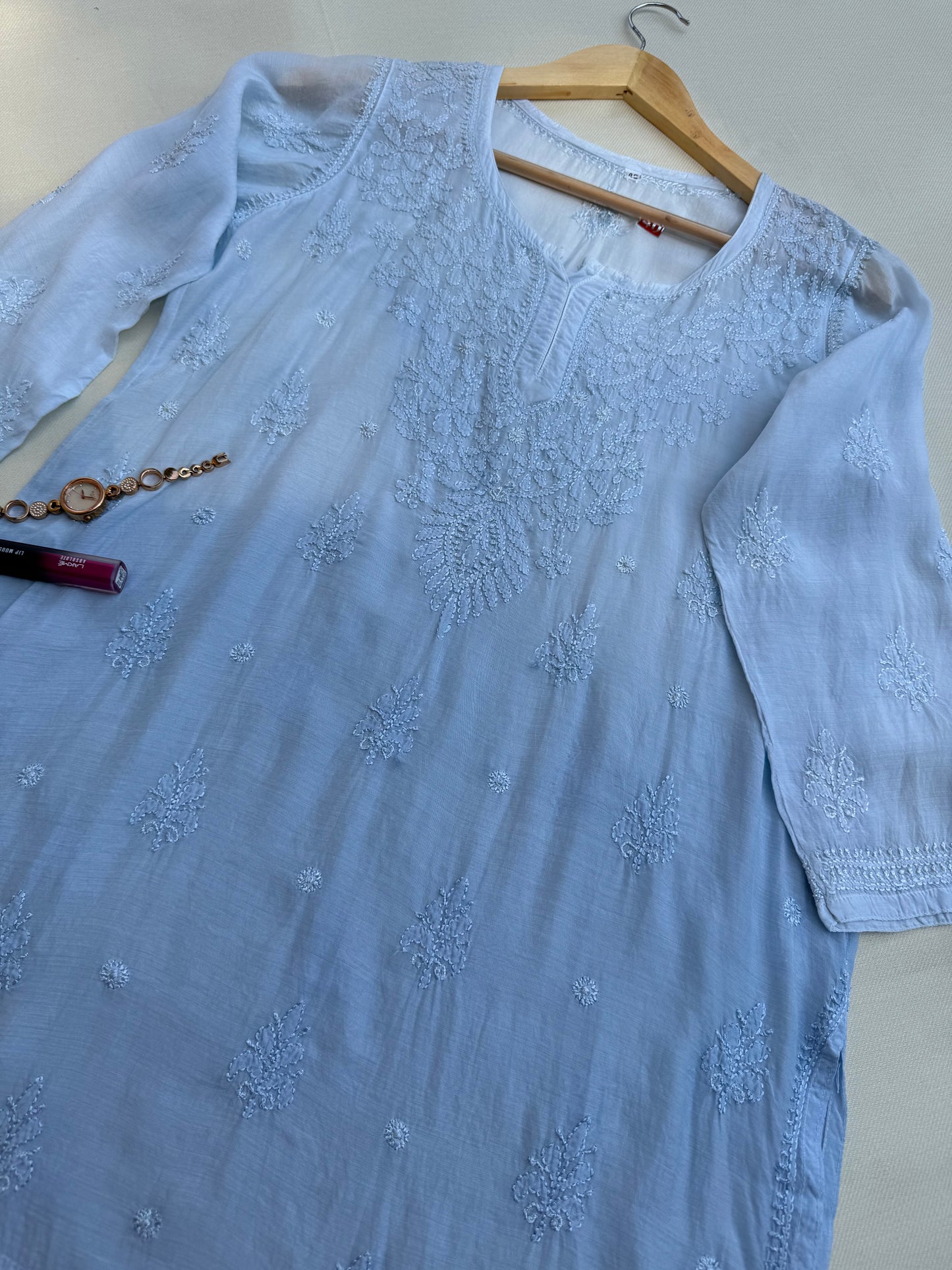 MUSLIN CHIKANKARI SHORT KURTA- SKY BLUE OMBRE