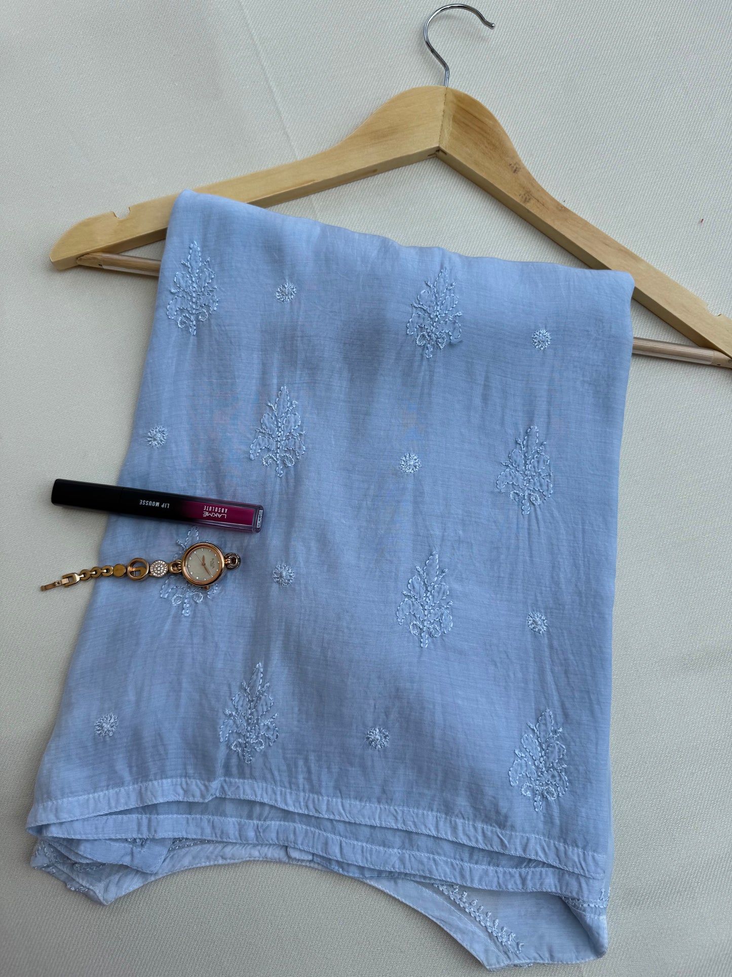 MUSLIN CHIKANKARI SHORT KURTA- SKY BLUE OMBRE