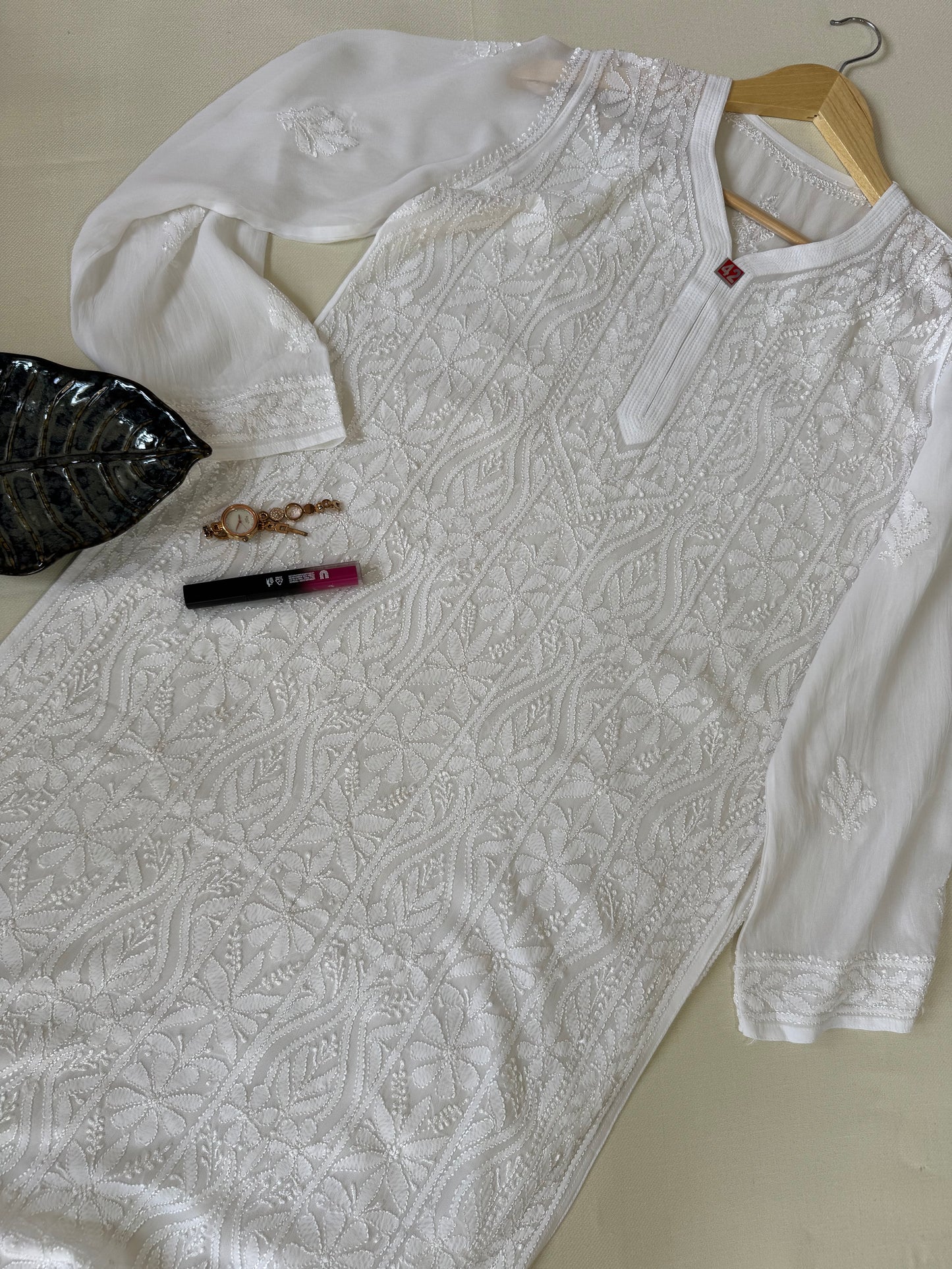 VISCOSE GEORGETTE CHIKANKARI KURTA- WHITE