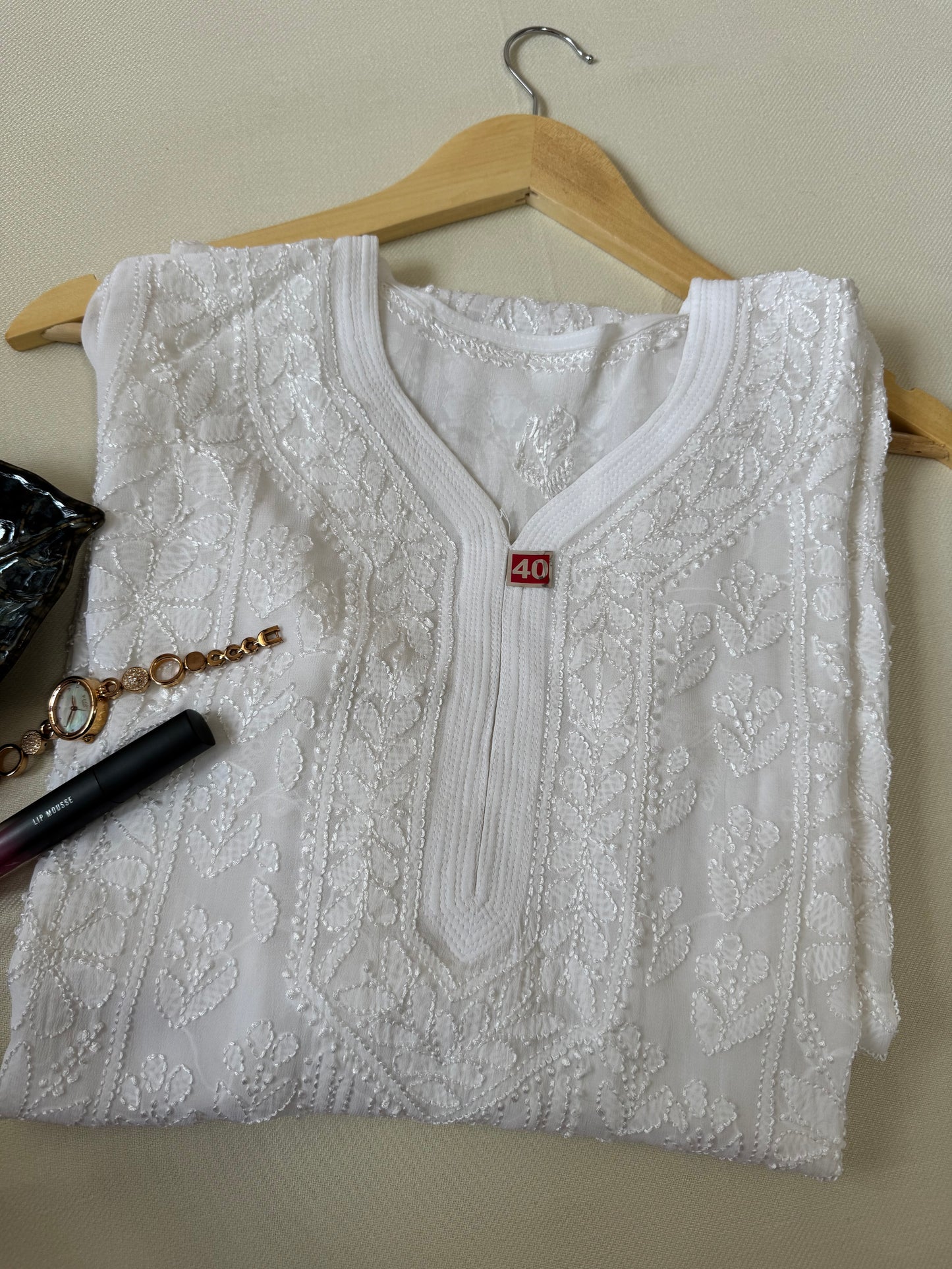 VISCOSE GEORGETTE CHIKANKARI KURTA- WHITE