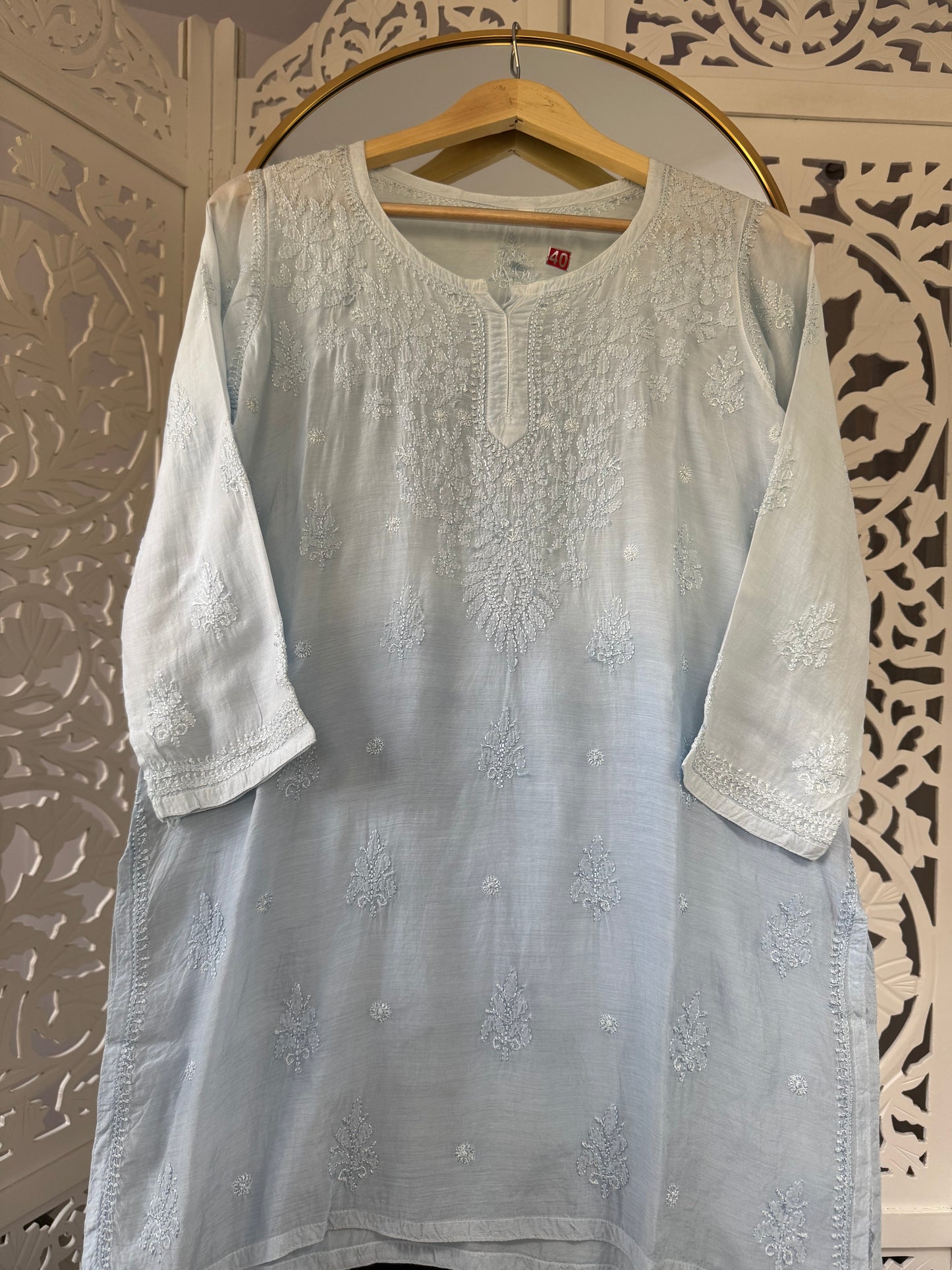MUSLIN CHIKANKARI SHORT KURTA- SKY BLUE OMBRE