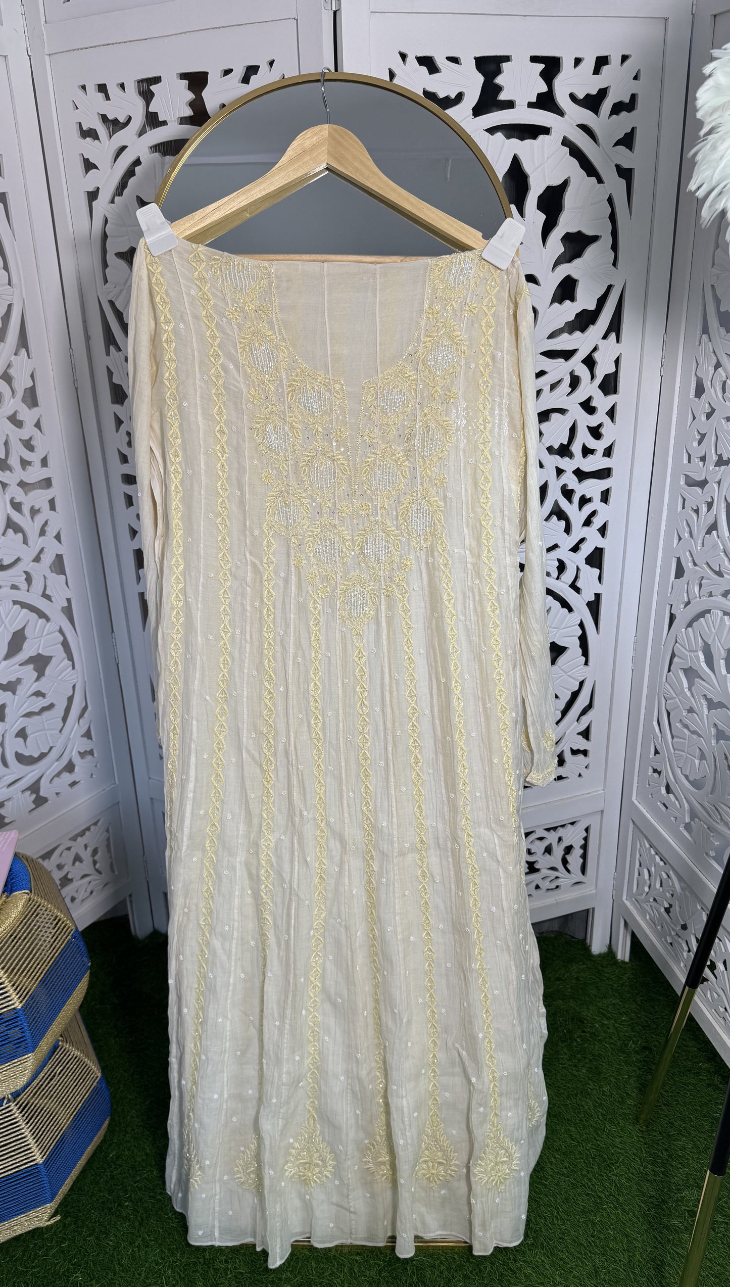 MUL CHANDERI ANARKALI SET SEMI-STITCHED- PASTEL YELLOW