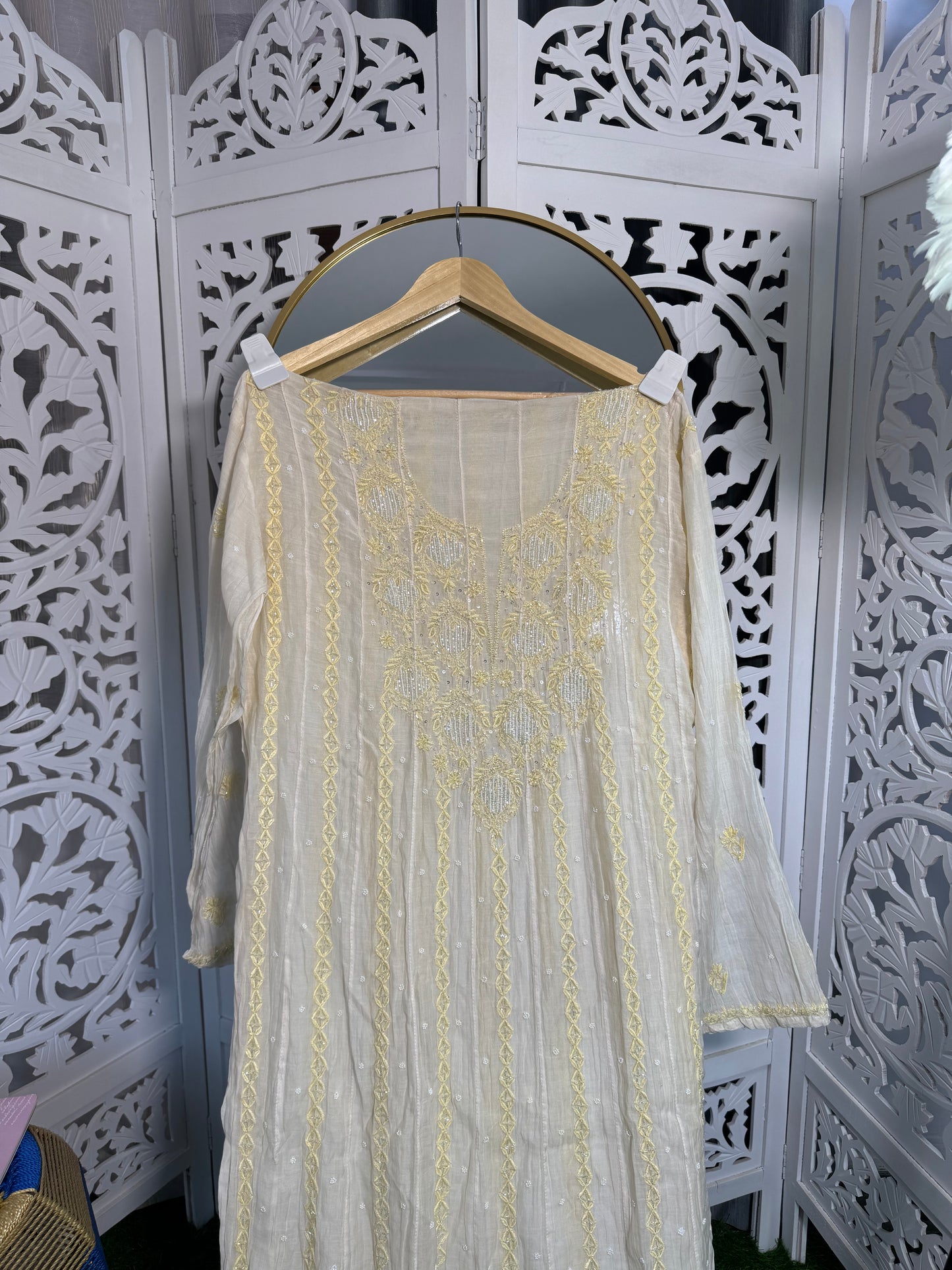 MUL CHANDERI ANARKALI SET SEMI-STITCHED- PASTEL YELLOW