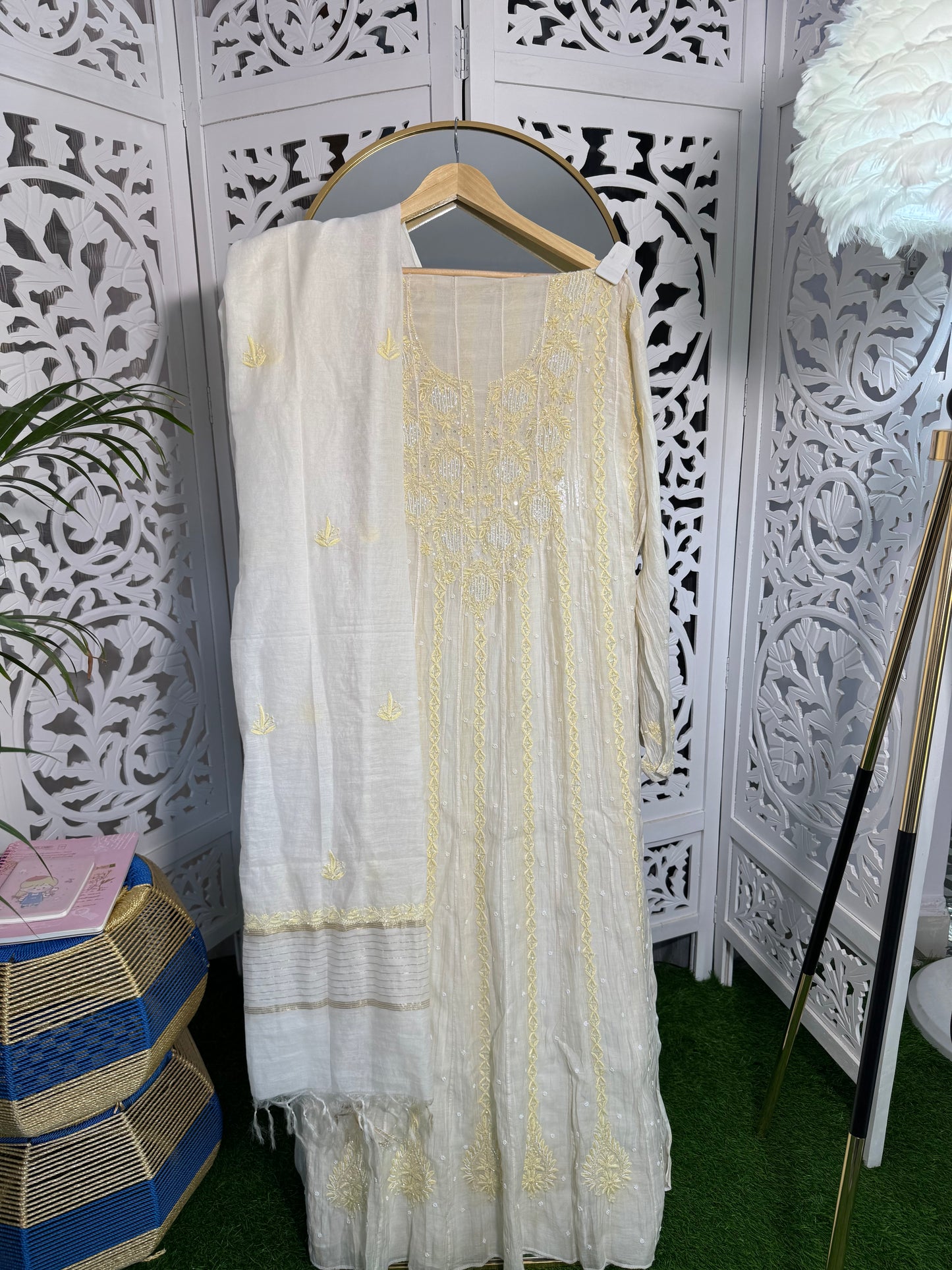 MUL CHANDERI ANARKALI SET SEMI-STITCHED- PASTEL YELLOW