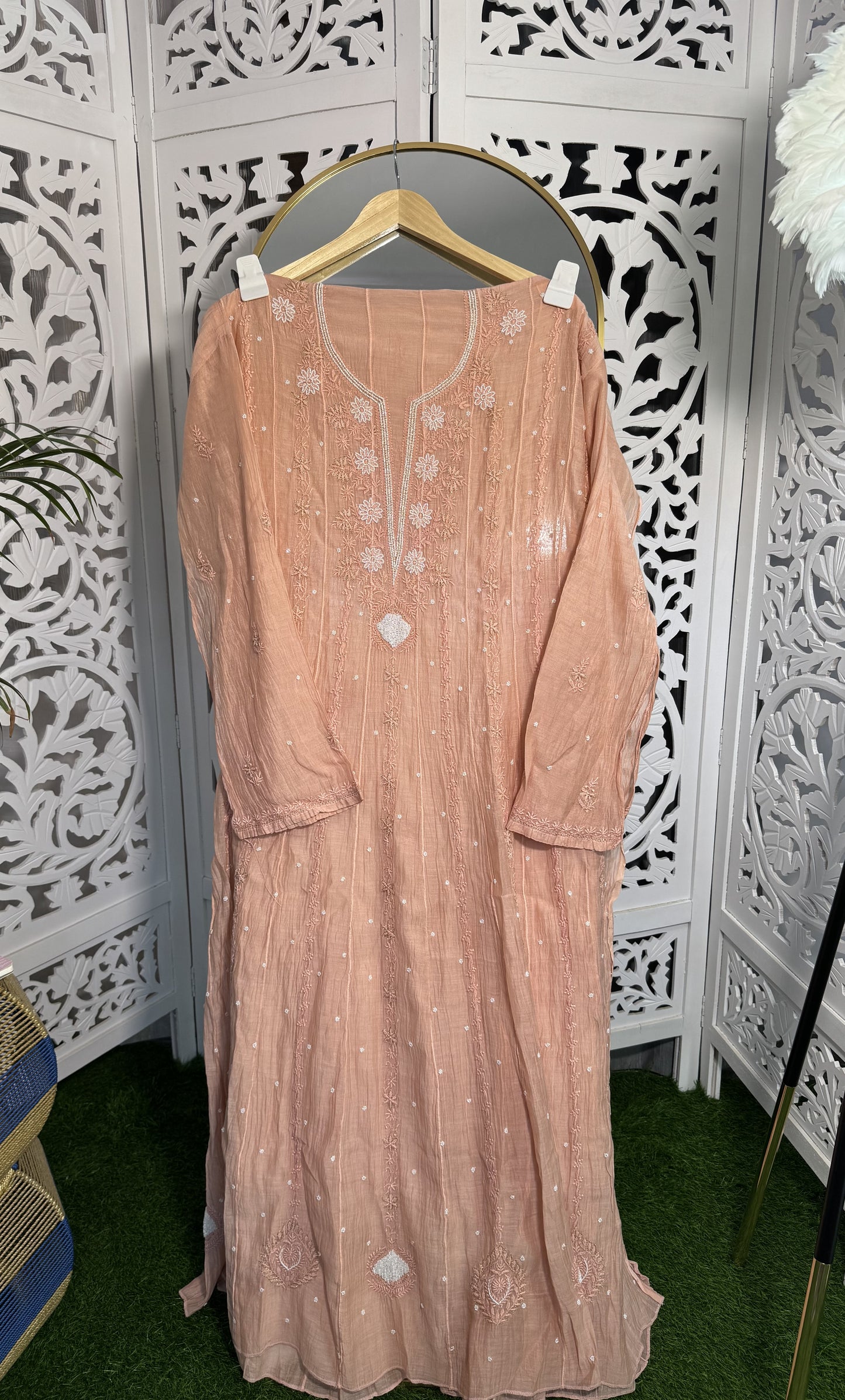 MUL CHANDERI ANARKALI SEMI-STITCHED- PEARL WORK- CREAMY PEACH