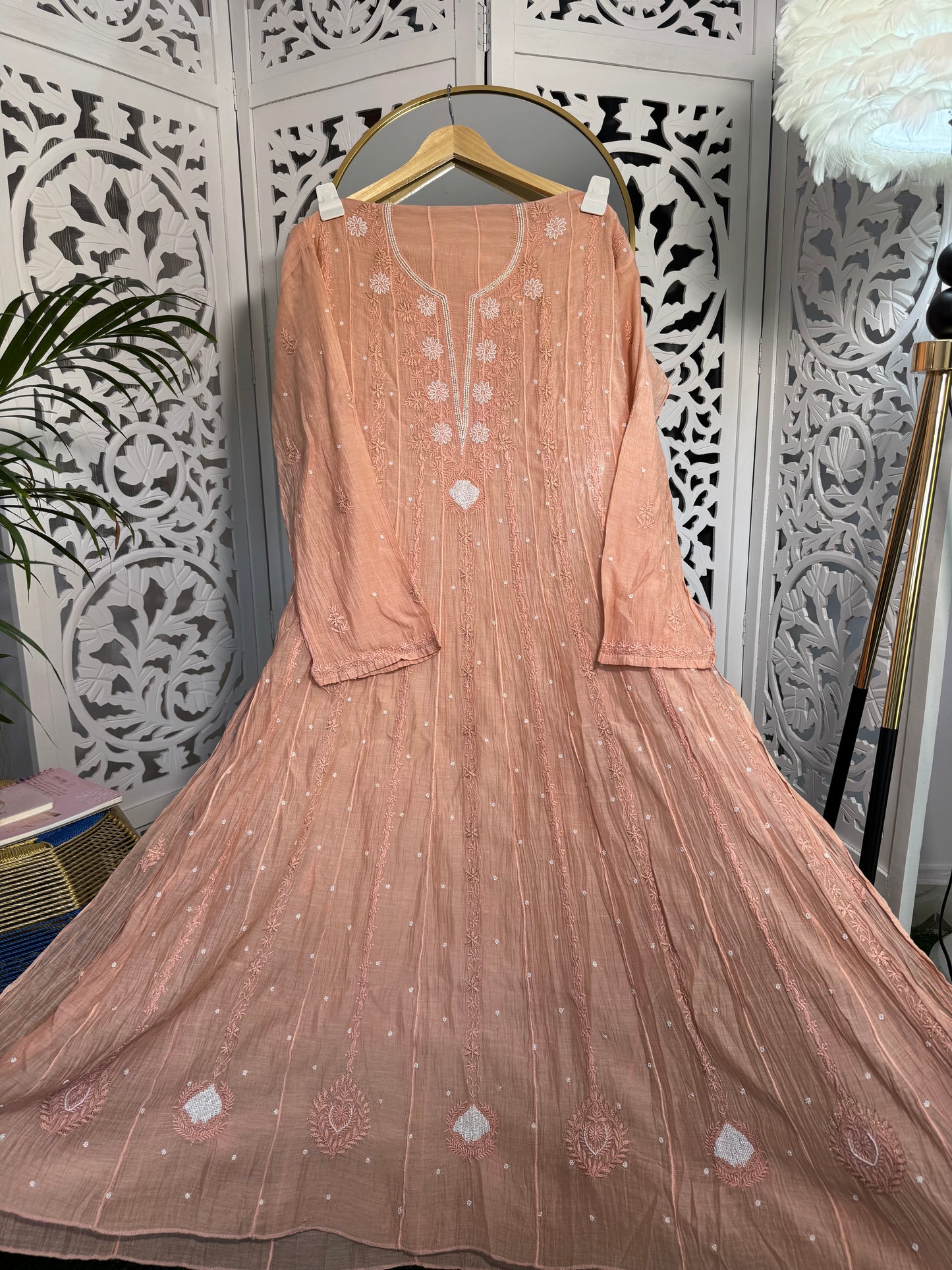 MUL CHANDERI ANARKALI SEMI-STITCHED- PEARL WORK- CREAMY PEACH