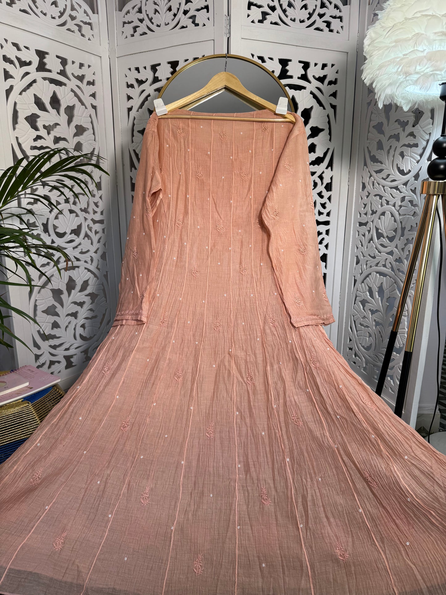 MUL CHANDERI ANARKALI SEMI-STITCHED- PEARL WORK- CREAMY PEACH