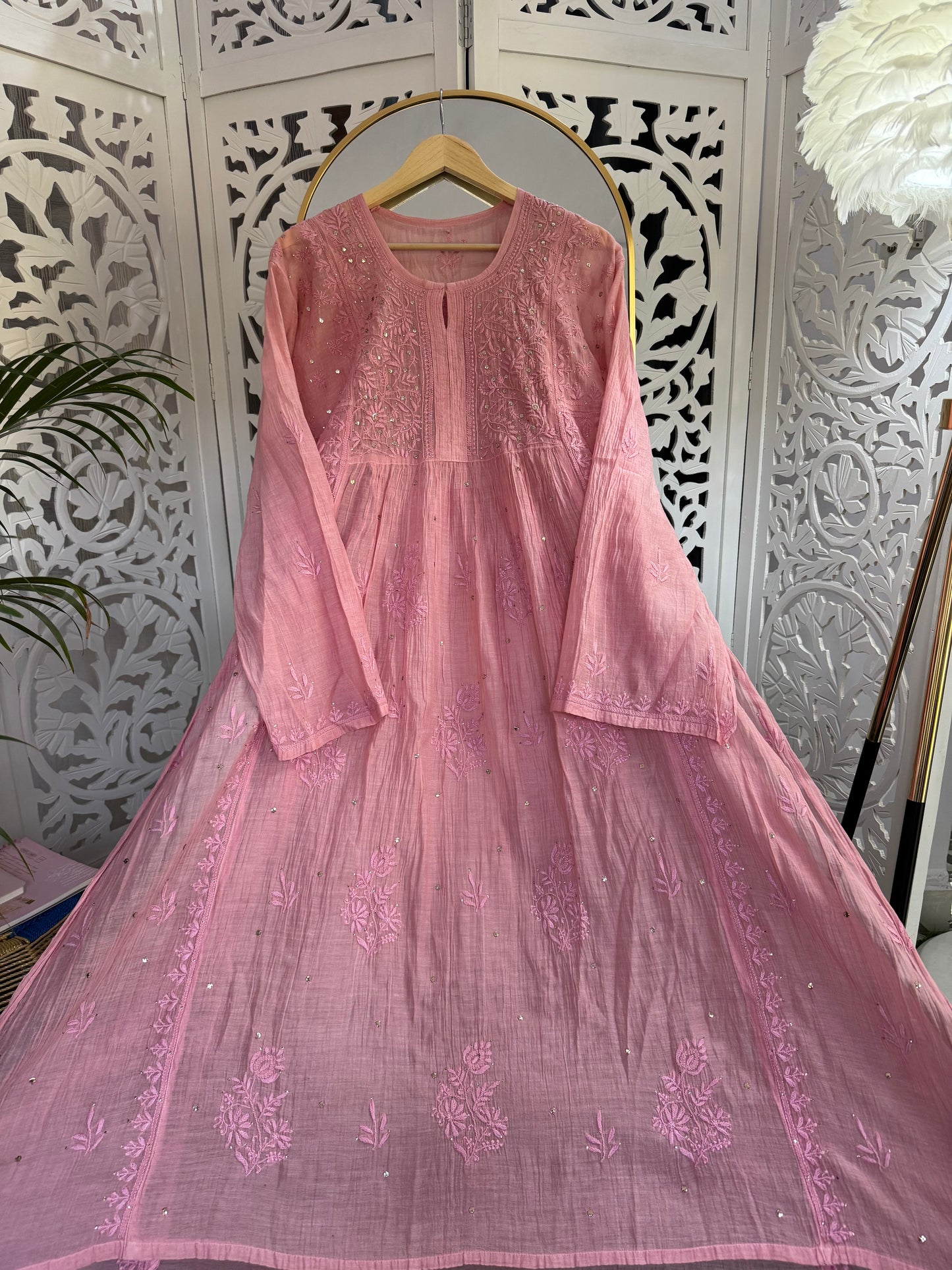 MUL CHANDERI A-LINE KURTA SET SEMI-STITCHED- MUKAISH WORK- PINK PEARL