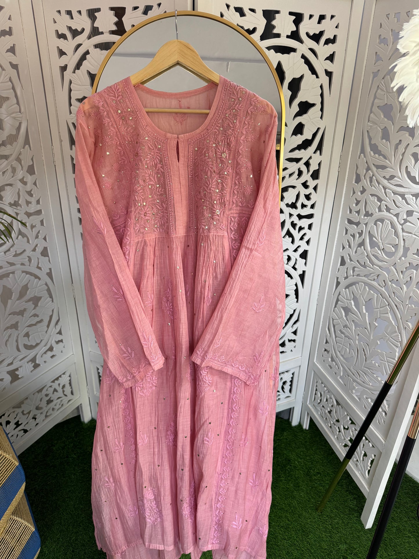 MUL CHANDERI A-LINE KURTA SET SEMI-STITCHED- MUKAISH WORK- PINK PEARL