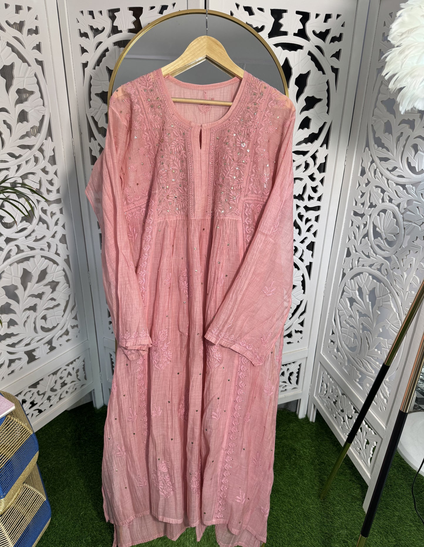 MUL CHANDERI A-LINE KURTA SET SEMI-STITCHED- MUKAISH WORK- PINK PEARL