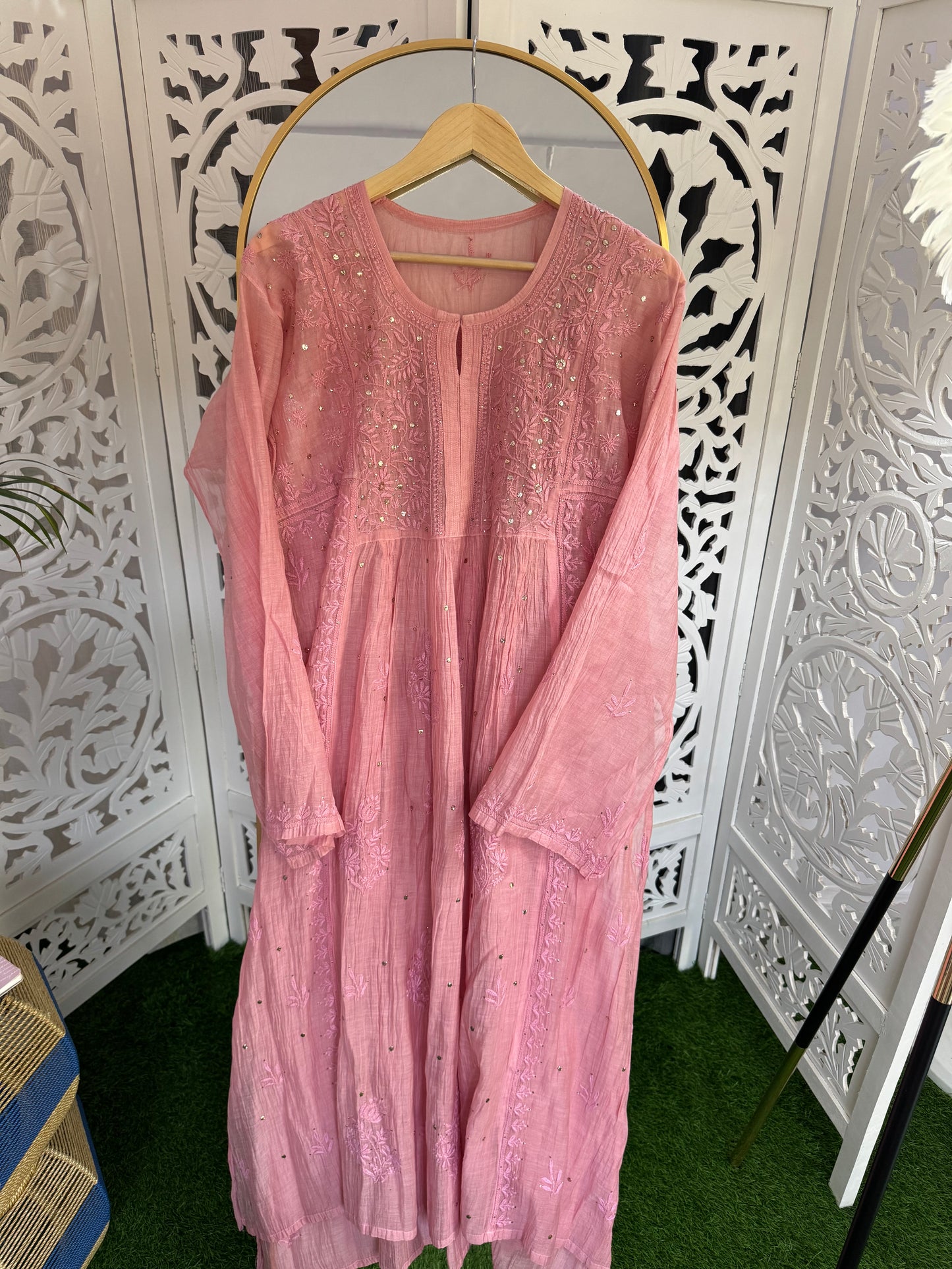 MUL CHANDERI A-LINE KURTA SET SEMI-STITCHED- MUKAISH WORK- PINK PEARL