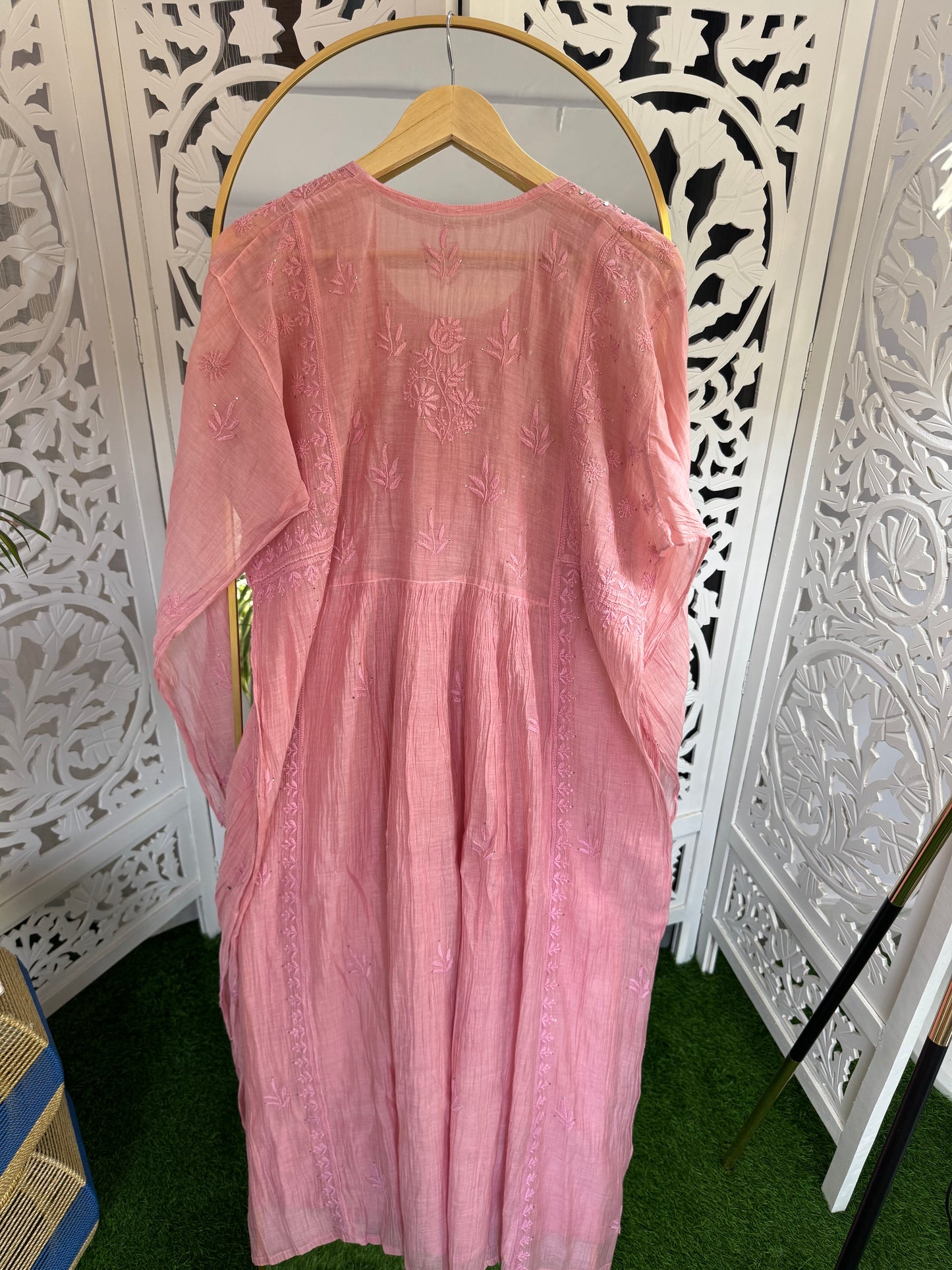 MUL CHANDERI A-LINE KURTA SET SEMI-STITCHED- MUKAISH WORK- PINK PEARL