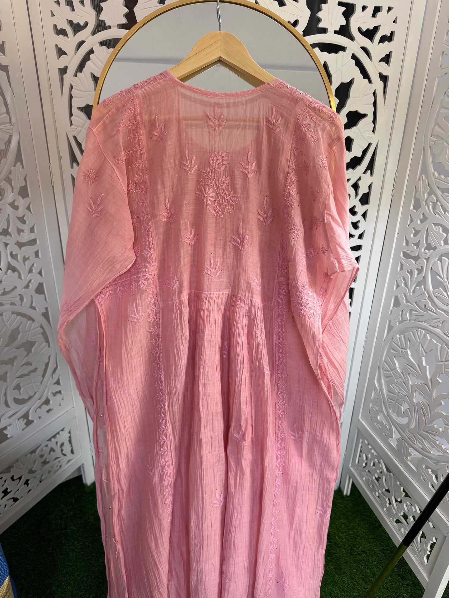 MUL CHANDERI A-LINE KURTA SET SEMI-STITCHED- MUKAISH WORK- PINK PEARL