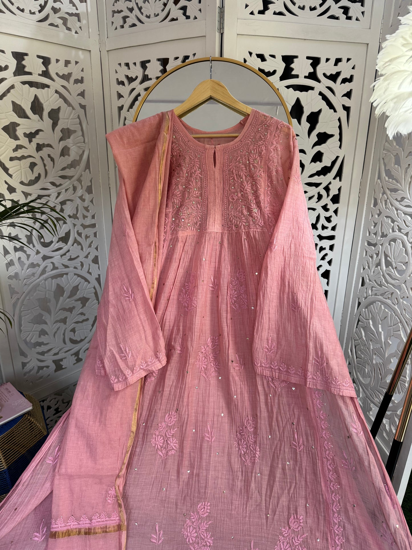 MUL CHANDERI A-LINE KURTA SET SEMI-STITCHED- MUKAISH WORK- PINK PEARL