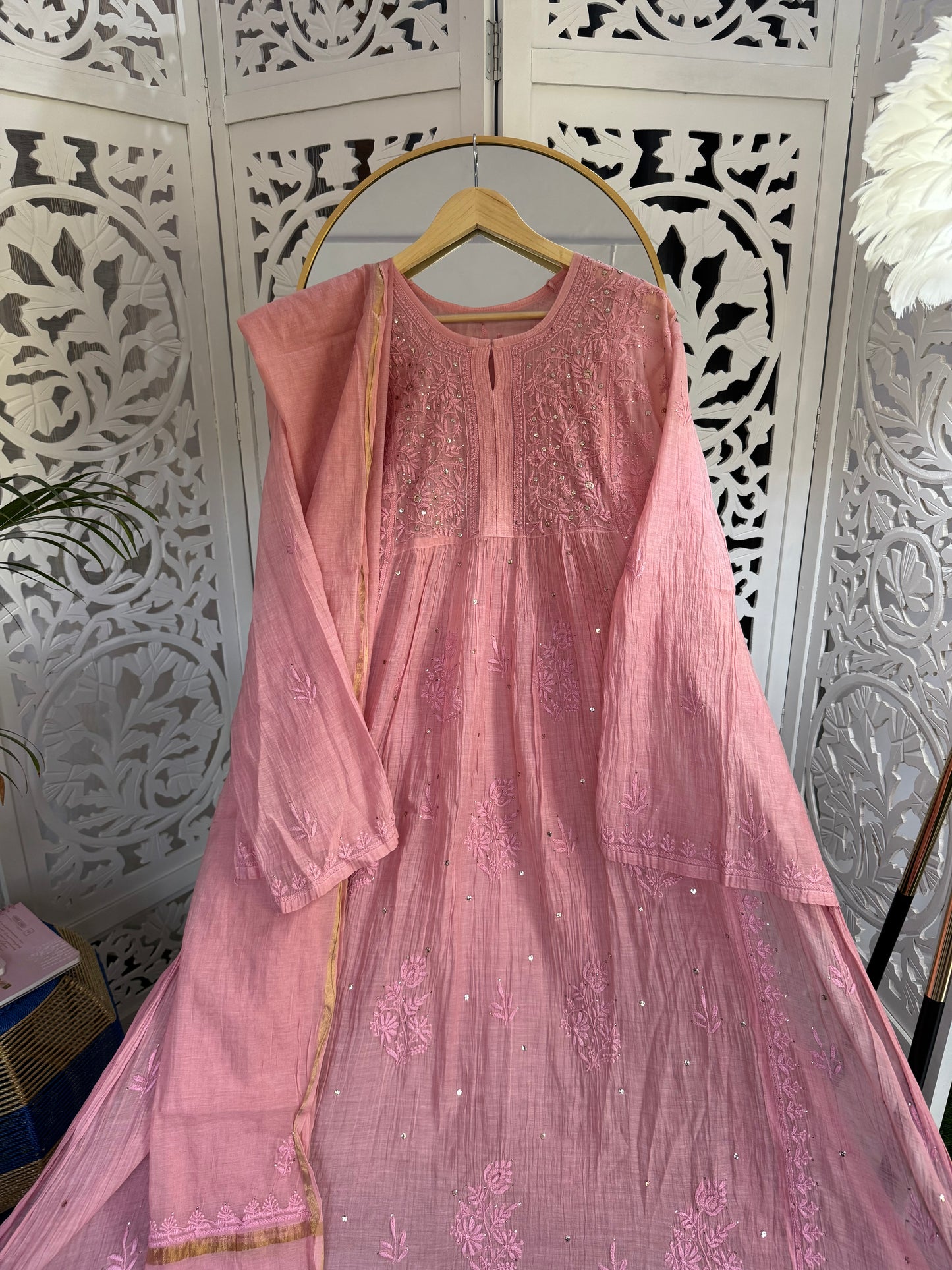 MUL CHANDERI A-LINE KURTA SET SEMI-STITCHED- MUKAISH WORK- PINK PEARL