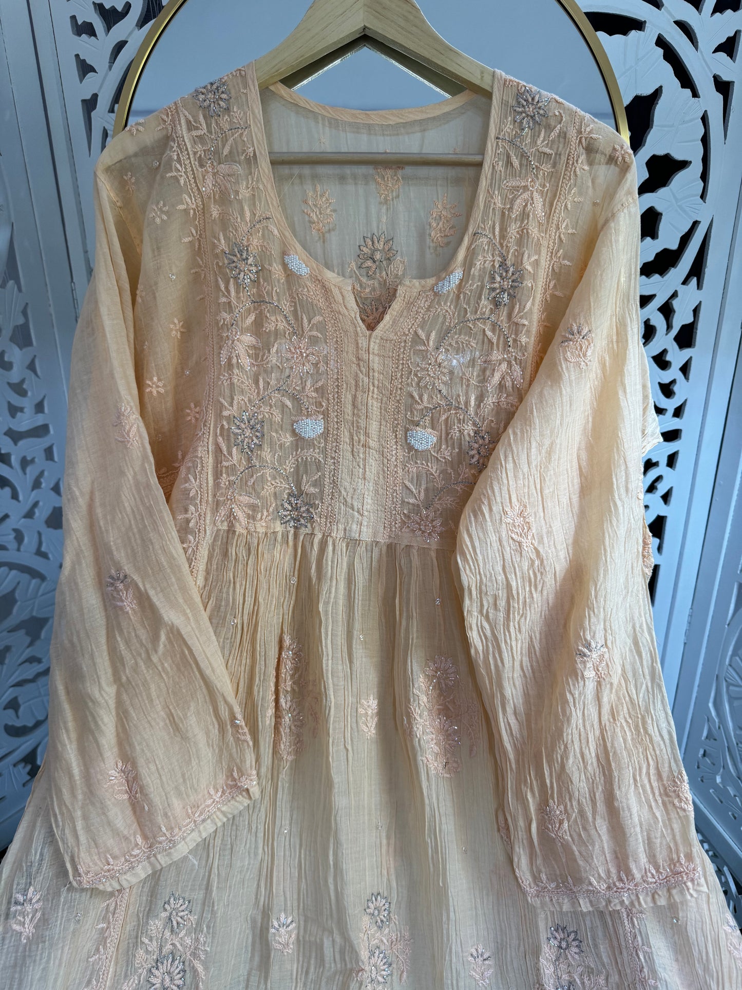 MUL CHANDERI A-LINE KURTA SET SEMI-STITCHED- PALE ORANGE