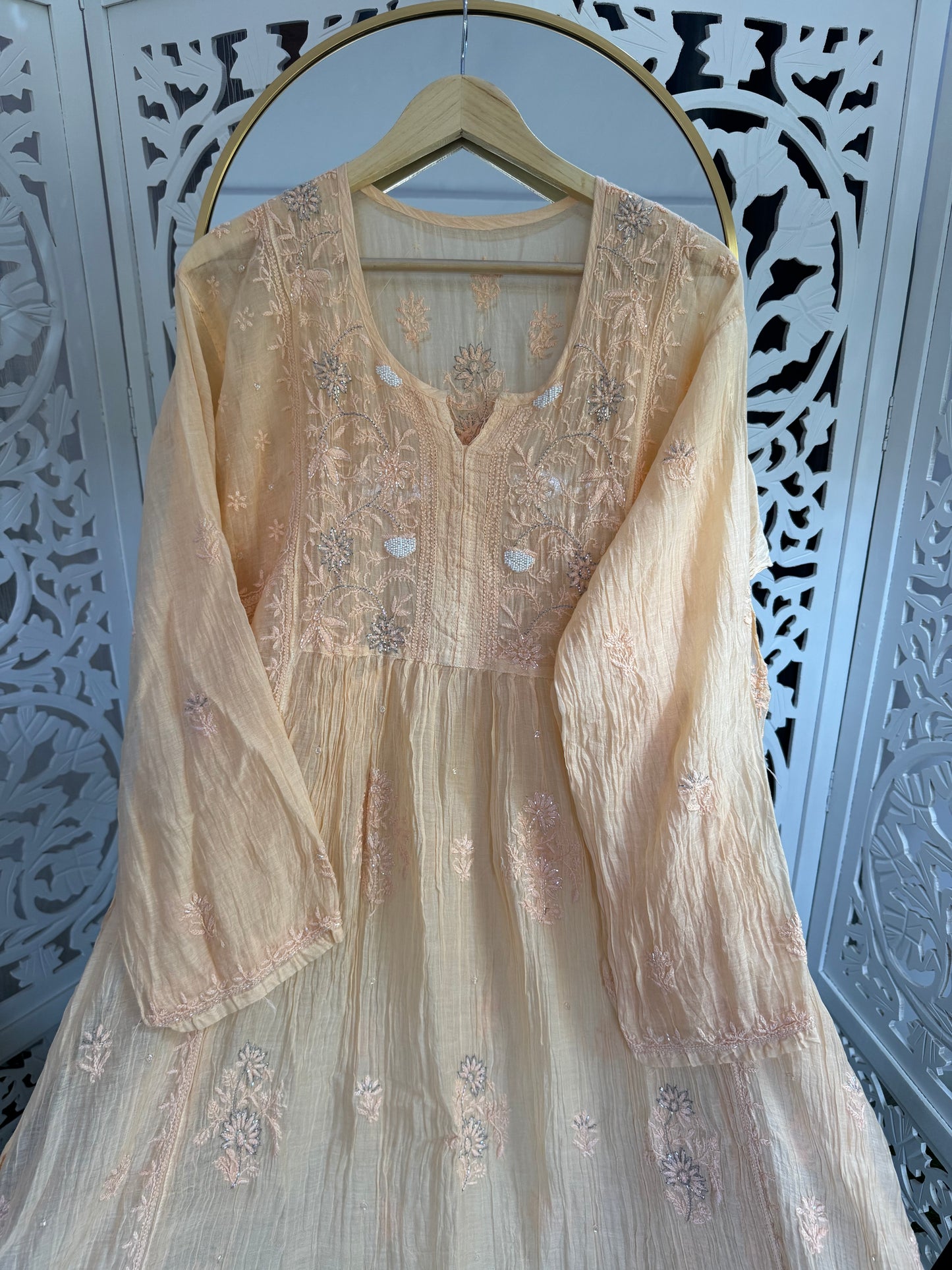 MUL CHANDERI A-LINE KURTA SET SEMI-STITCHED- PALE ORANGE