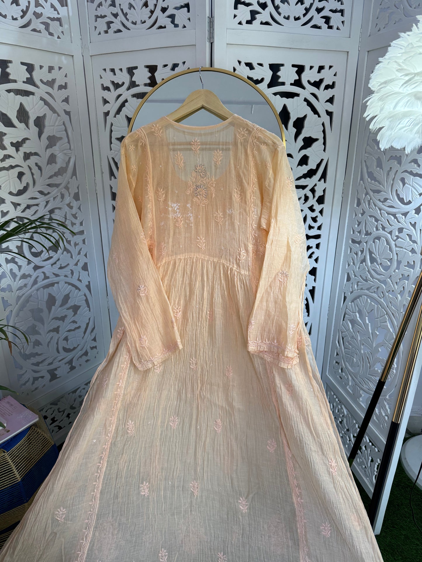 MUL CHANDERI A-LINE KURTA SET SEMI-STITCHED- PALE ORANGE